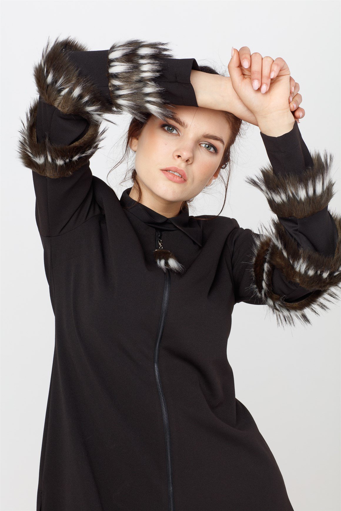 Black - Furry Slevee and Zippered Suit with Shirt
