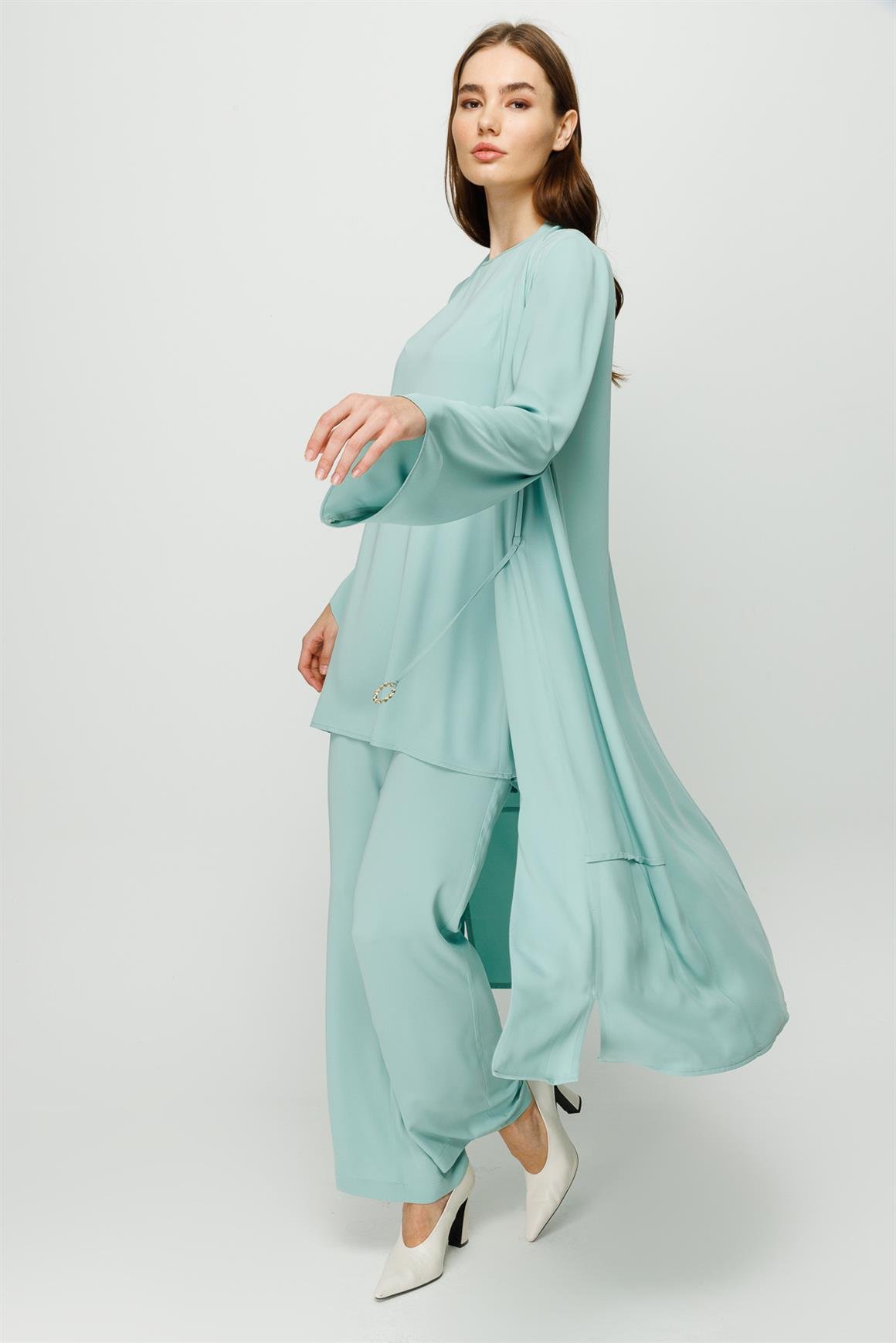 Biye Detaylı Bluz Ceket Pantolon Takım  Mint