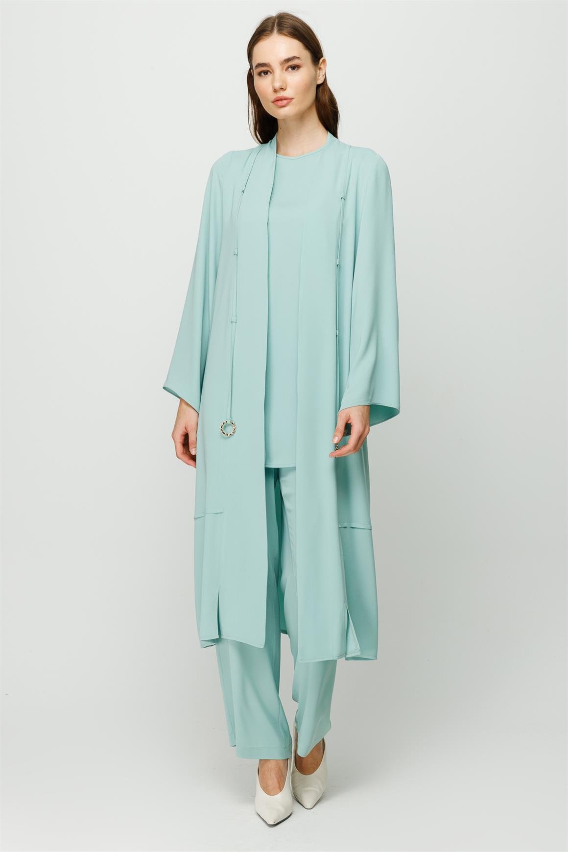 Biye Detaylı Bluz Ceket Pantolon Takım  Mint