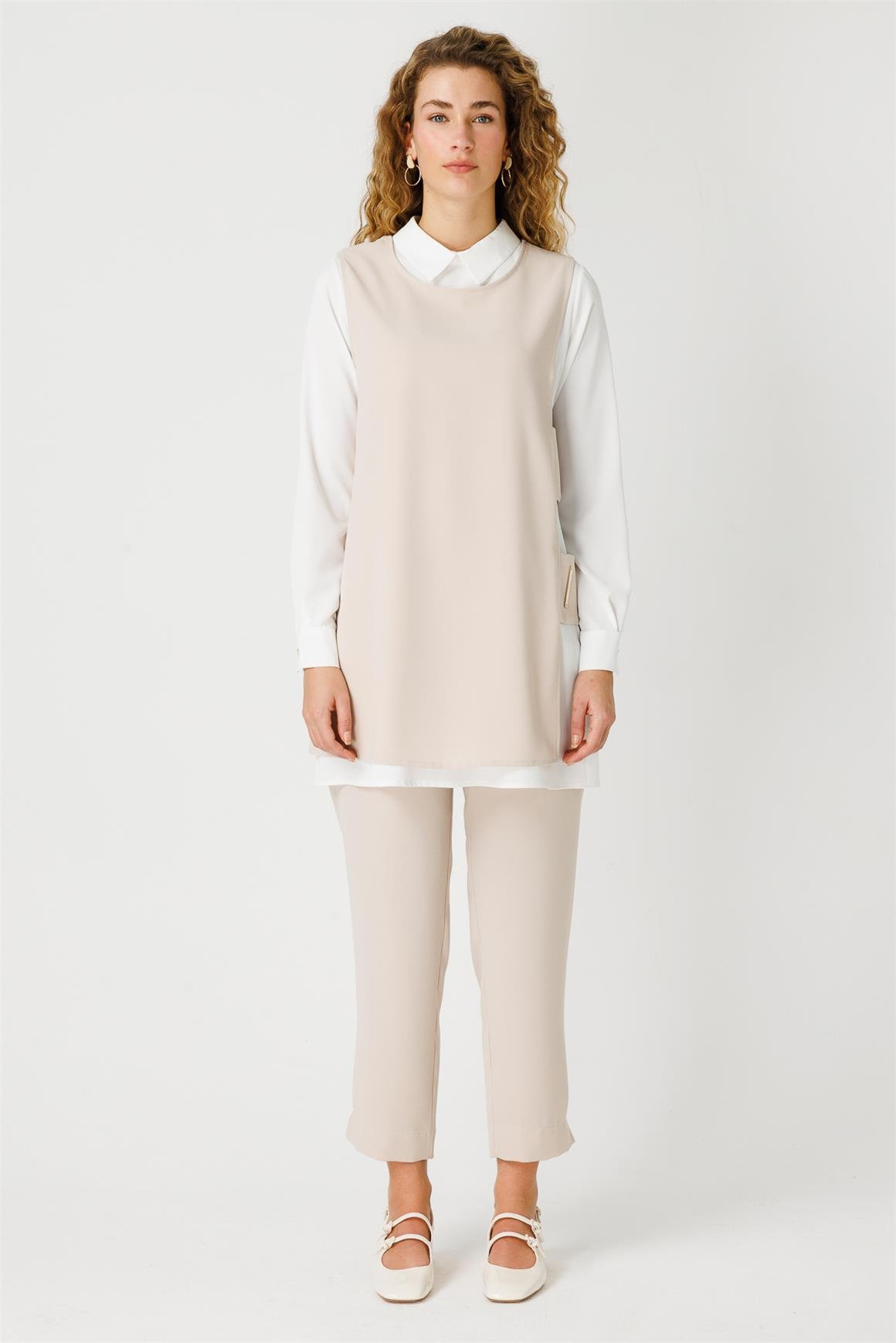Pencere Detaylı Süeter Tunik Pantolon Takım  Taş