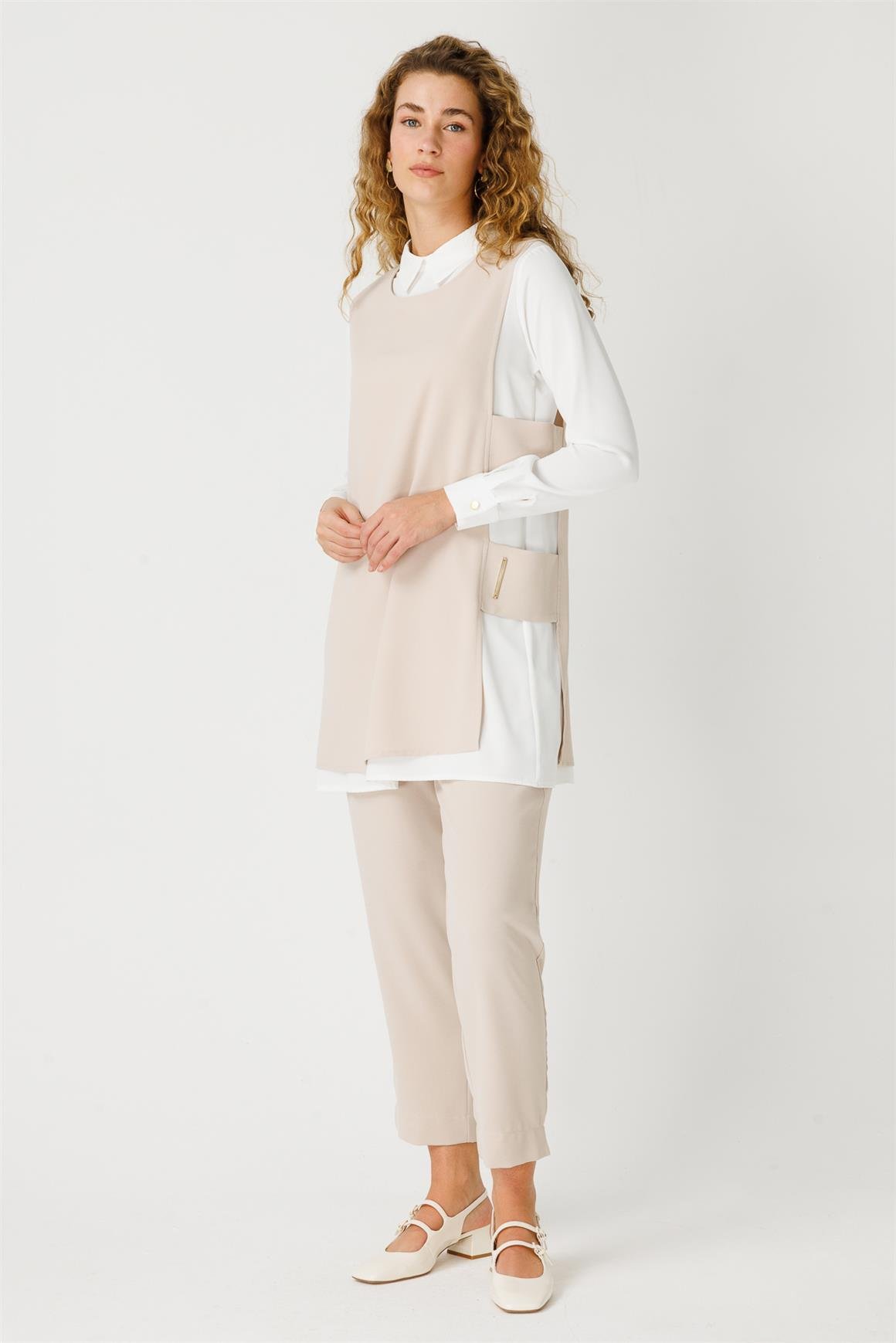 Pencere Detaylı Süeter Tunik Pantolon Takım  Taş