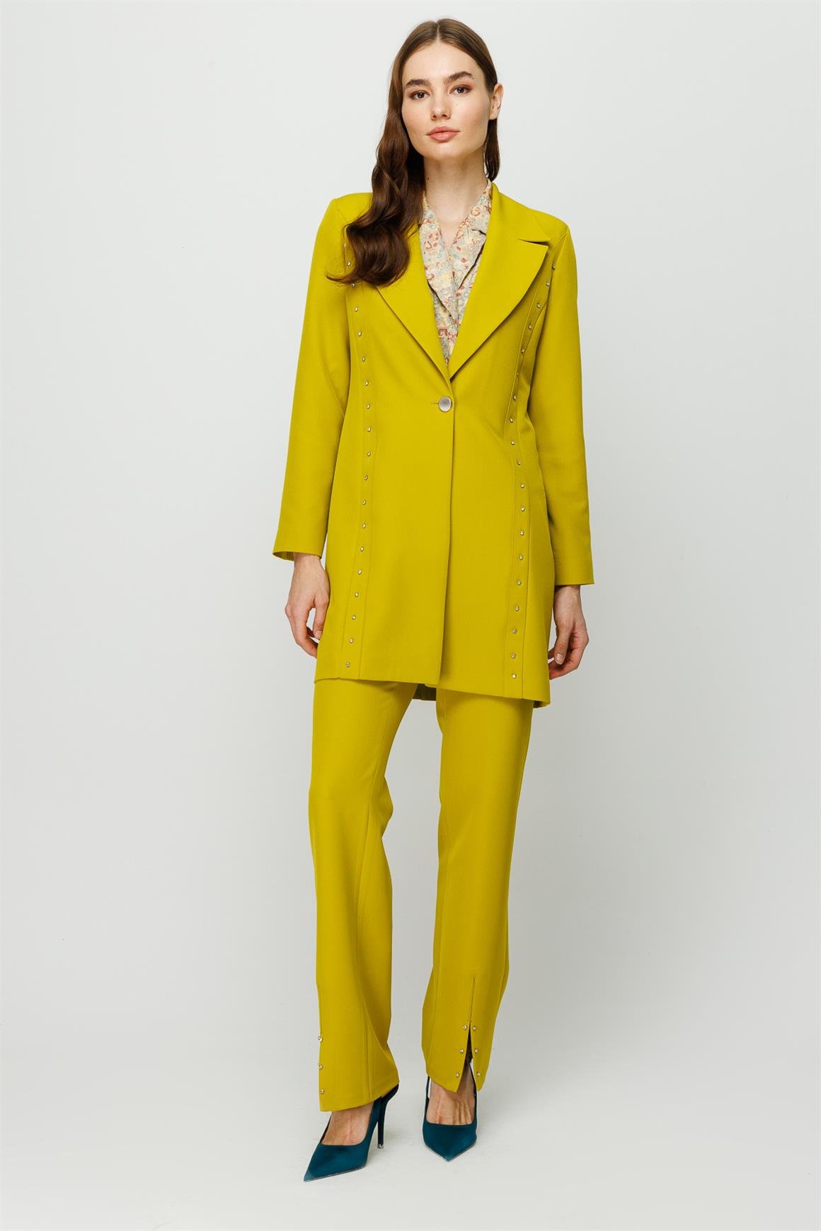 Stone Embroidered Detailed Trouser Jacket Set - Pistachio green