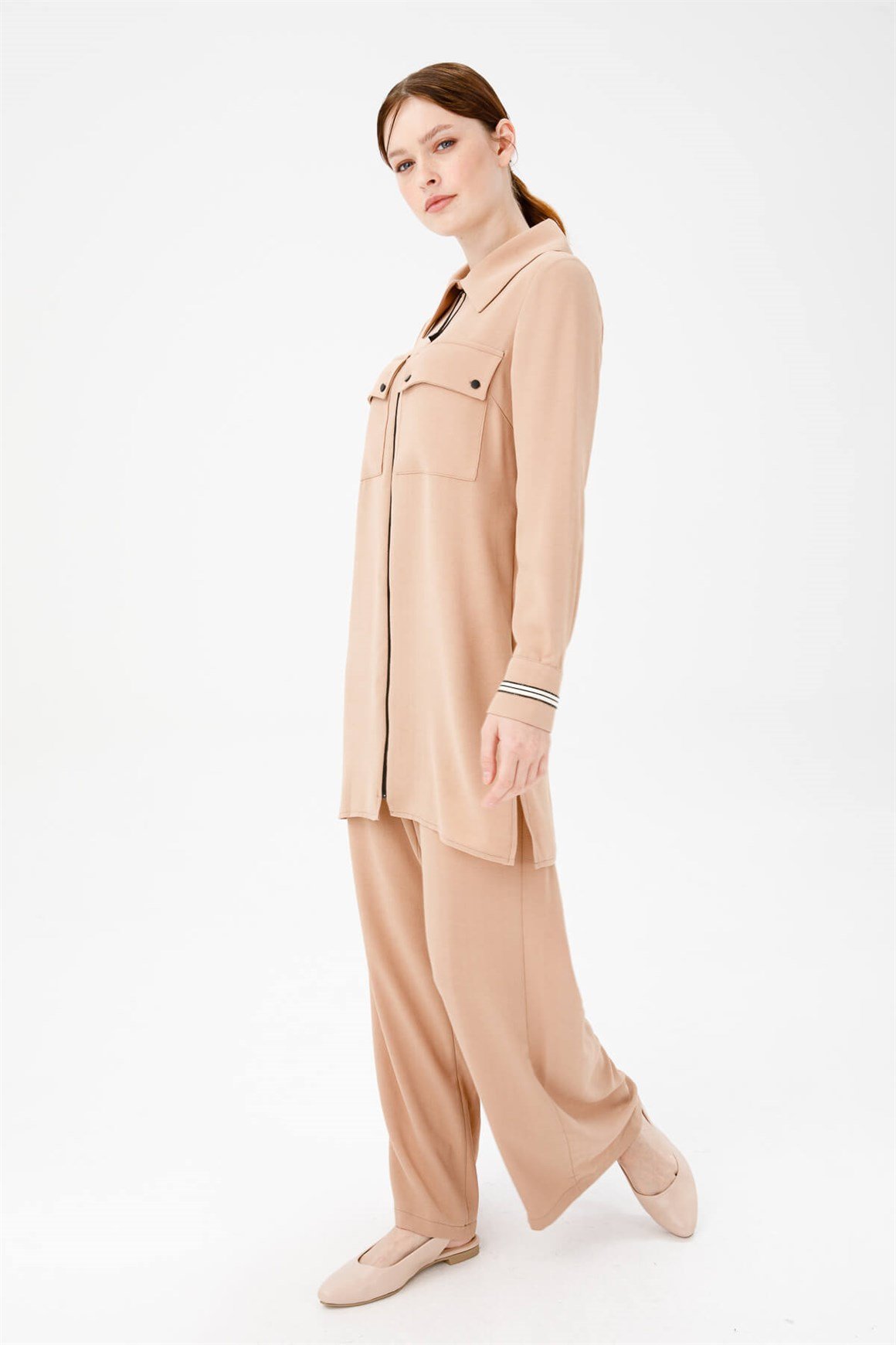 Yakası Büyük Önü Cepli Fermuarlı Tunık Pant Takım  Camel