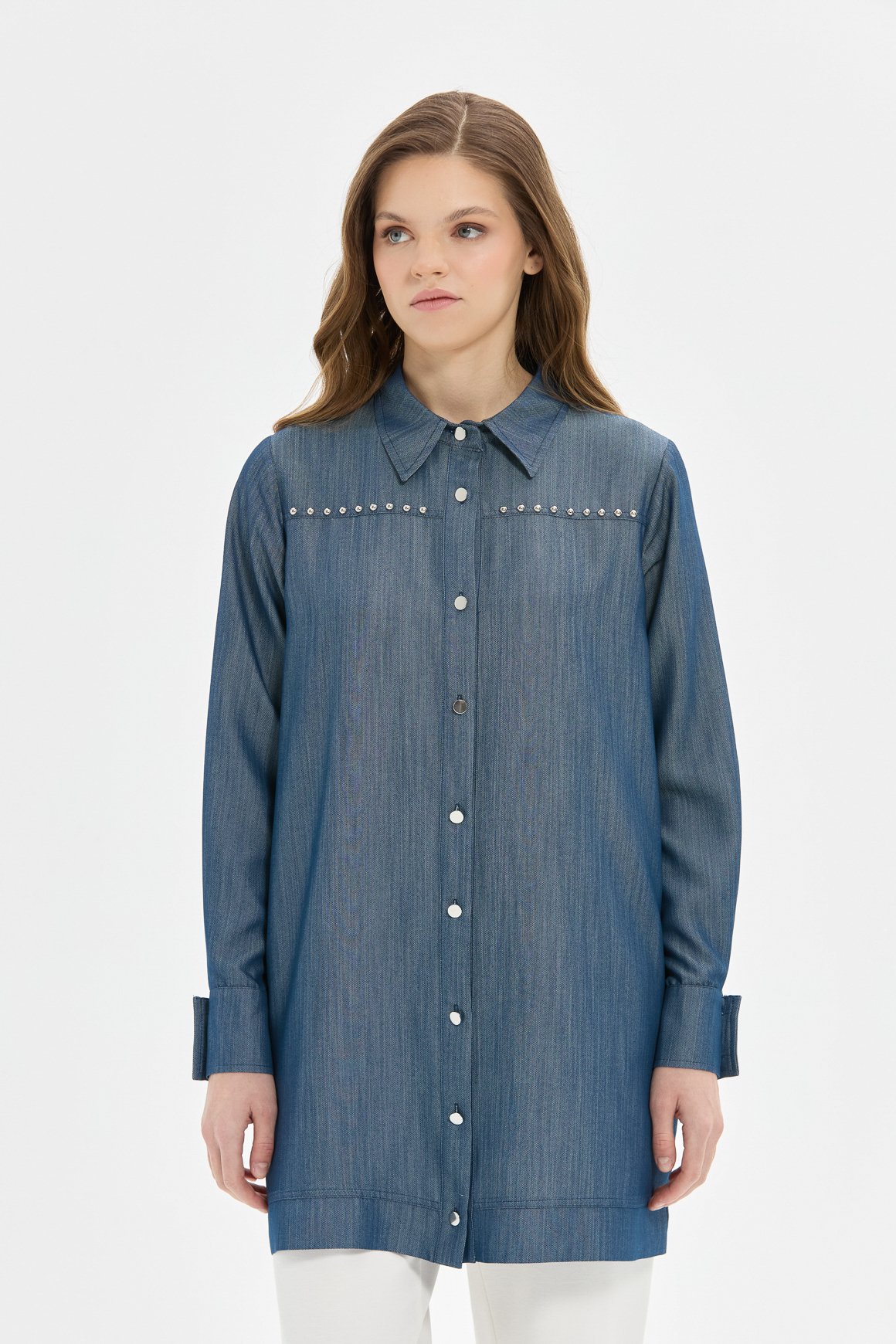 Çakma Detaylı Denim Tunik  Mavi