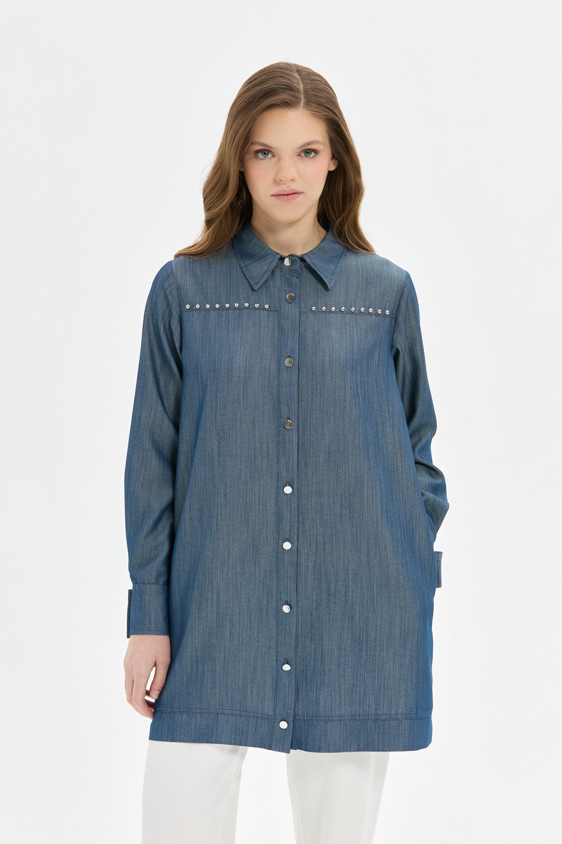 Çakma Detaylı Denim Tunik  Mavi