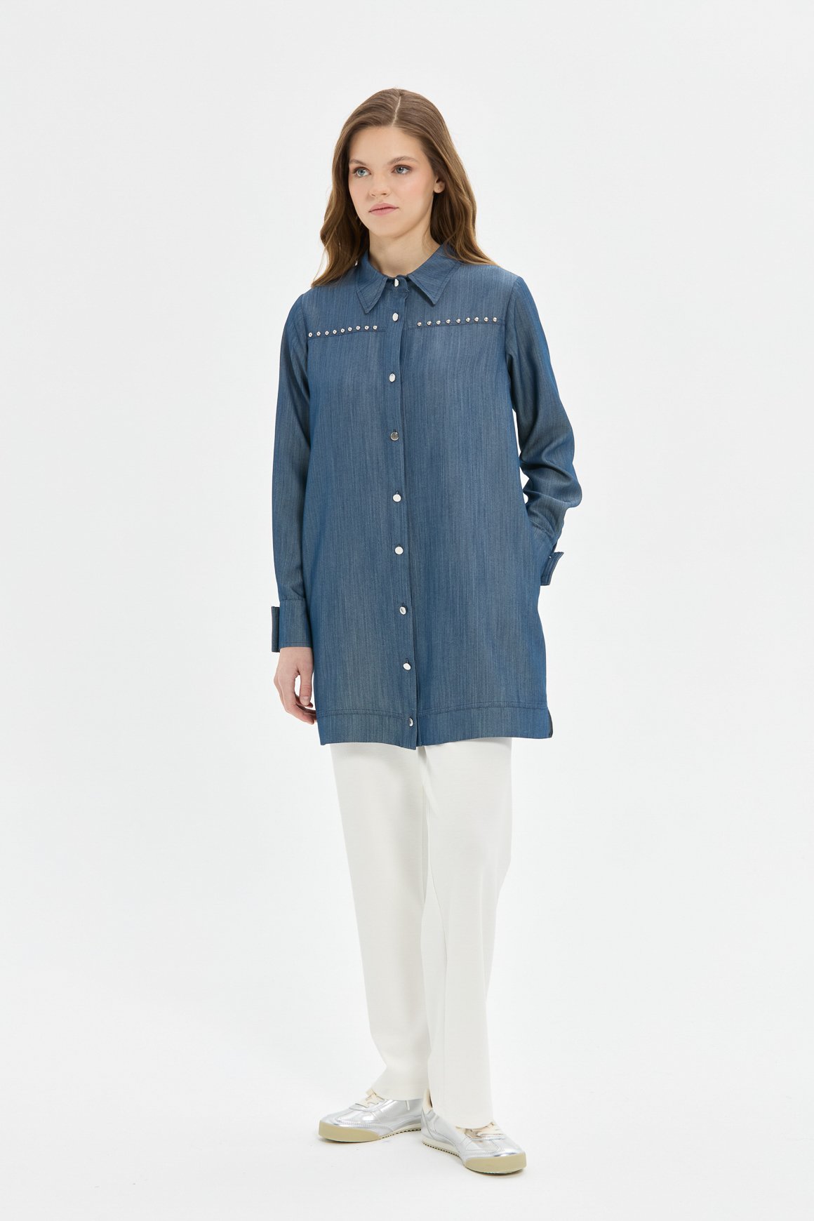 Çakma Detaylı Denim Tunik  Mavi