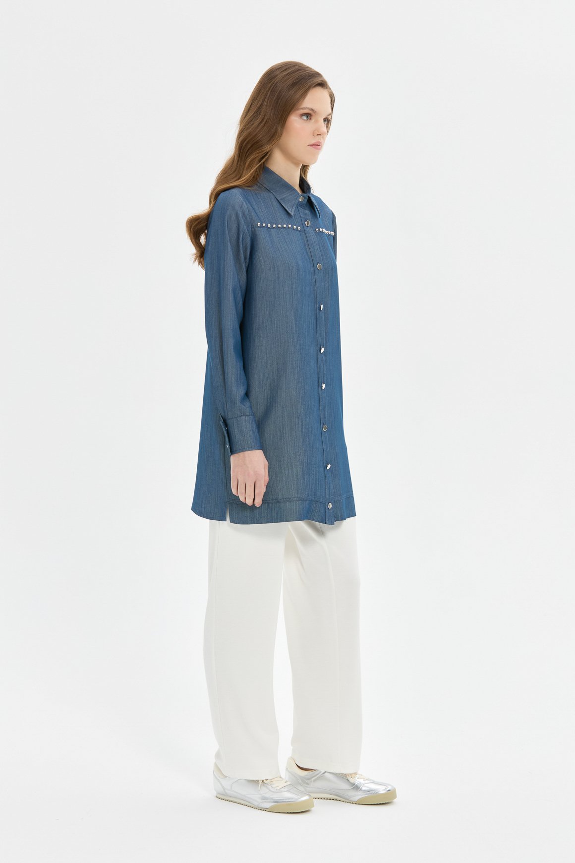 Çakma Detaylı Denim Tunik  Mavi