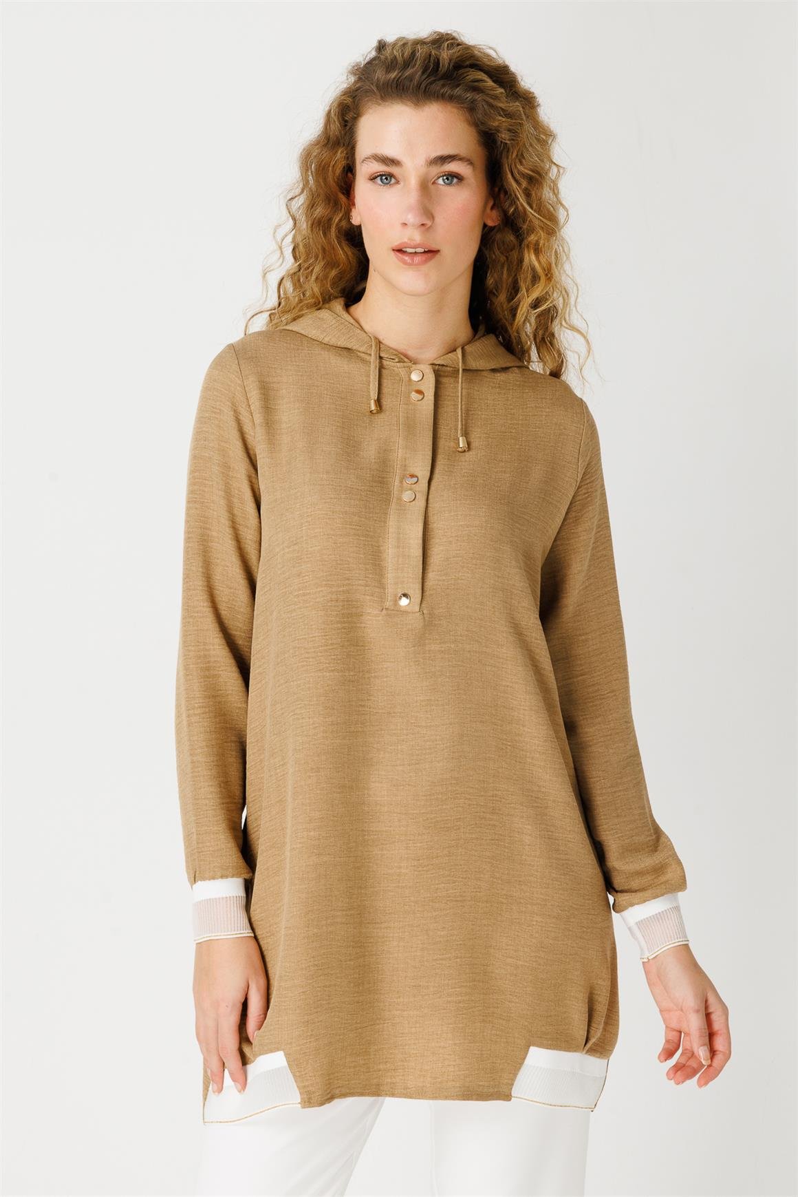 Ribana Detaylı Kapişonlu Rahat Kullanışlı Tunik  Camel