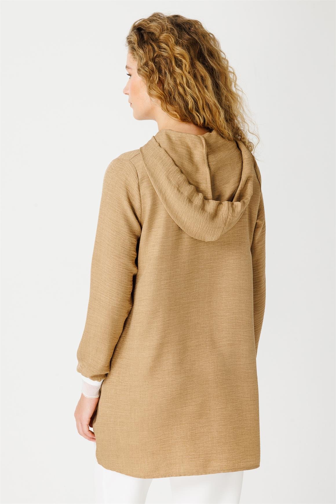 Ribana Detaylı Kapişonlu Rahat Kullanışlı Tunik  Camel