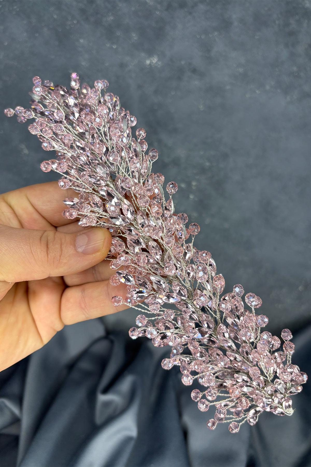 Açık Pembe Elisa Boncuklu Gelin Kına Tacı Saç Ve Türban Aksesuarı
