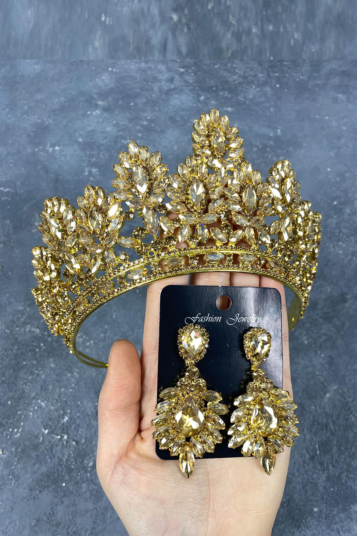 Bal Rengi Godiva Yüksek Gelin Kına Tacı Ve Mekikli Abiye Küpe
