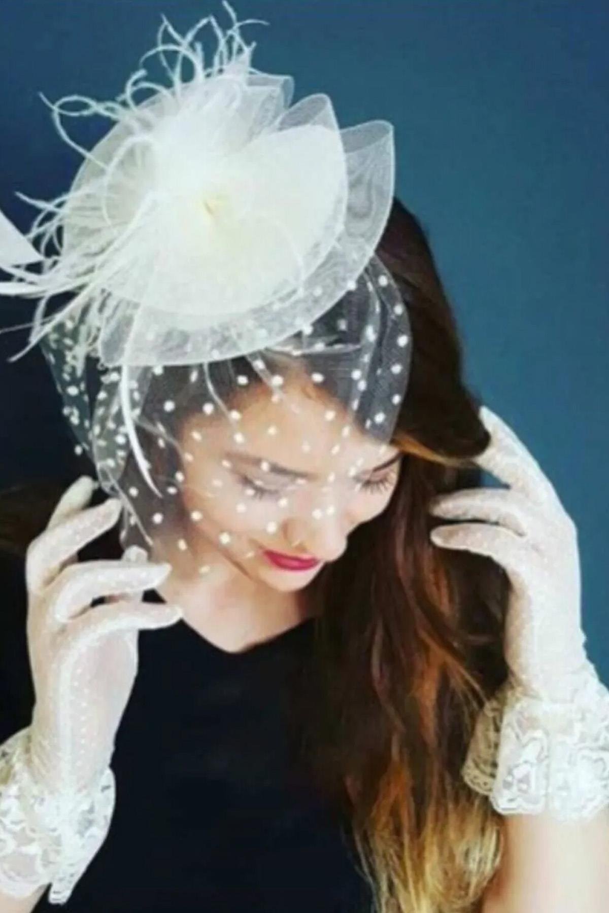 Beyaz Puantiyeli Gelin Kepi Nikah Şapkası Vualet