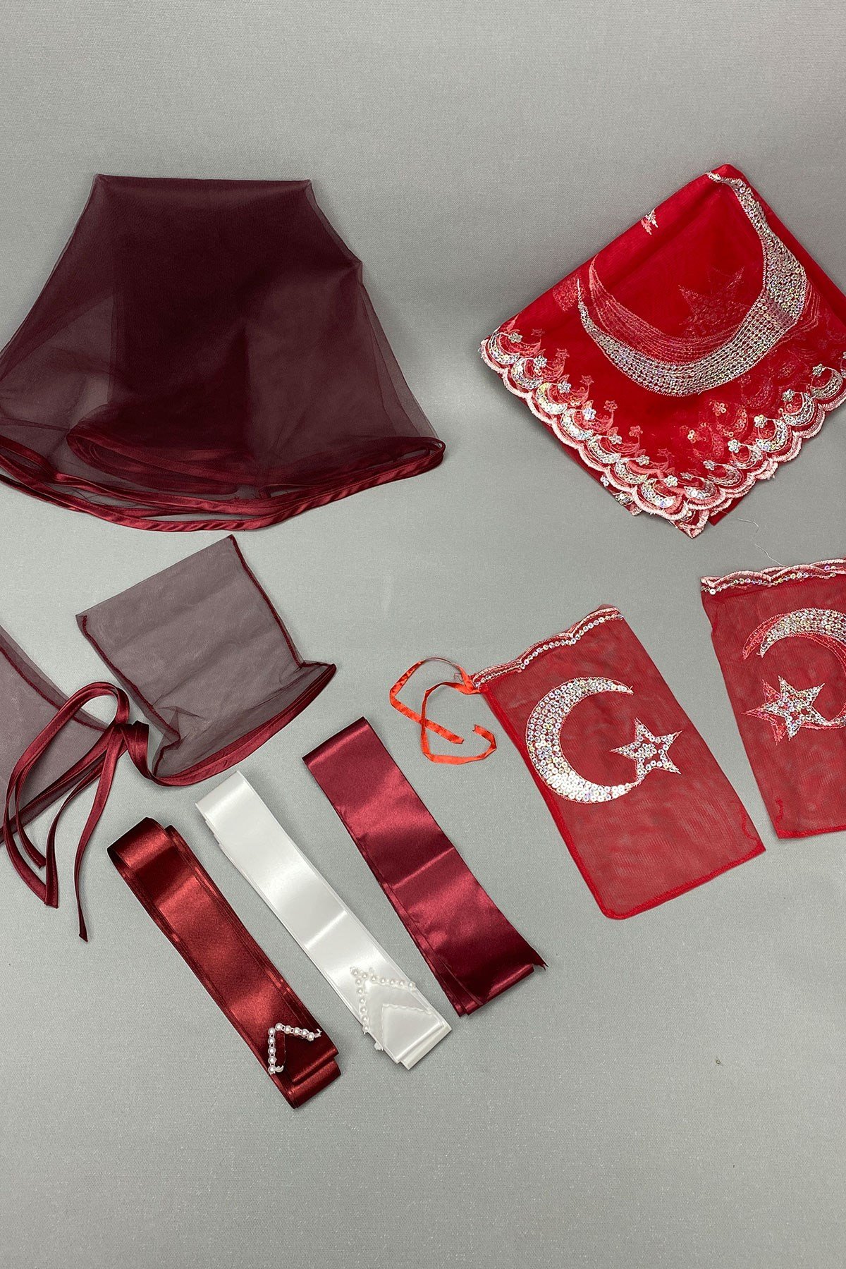 Biyeli Gelin Duvağı Ayyıldızlı Damat Örtüsü ve Takı Kurdele Seti