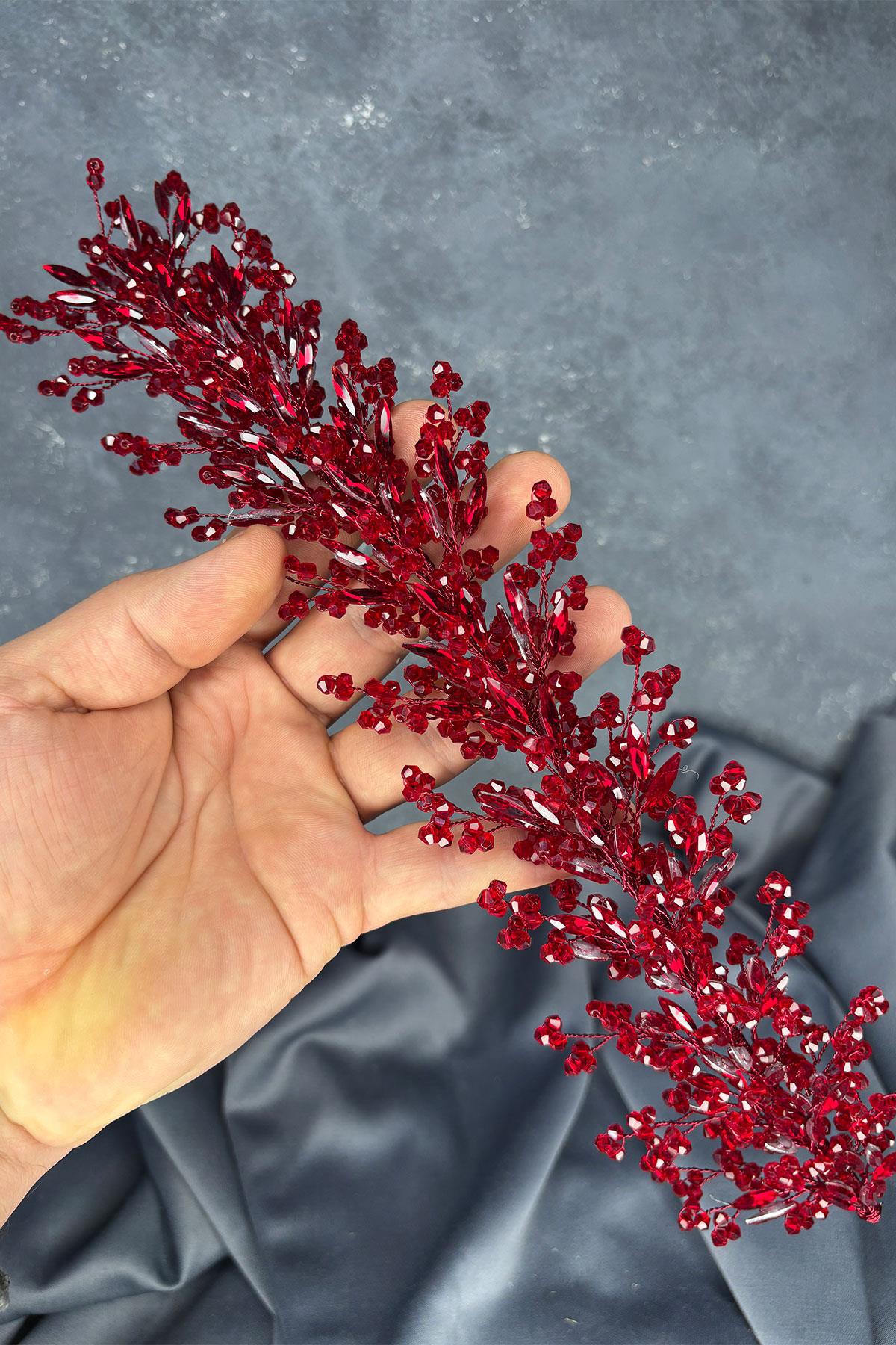 Bordo Hera Kristal Boncuklu Gelin Kına Tacı Saç Ve Türban Aksesuarı