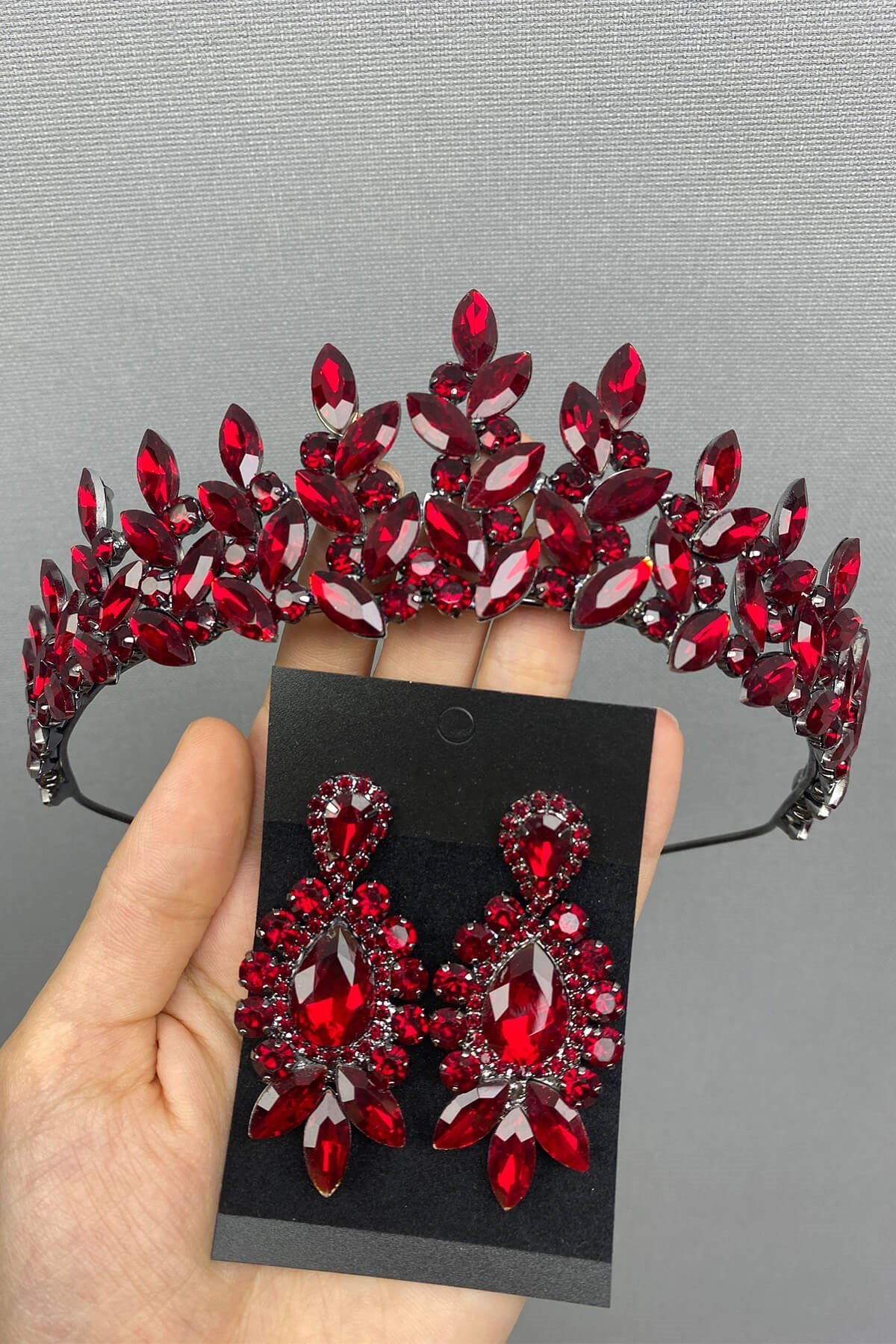 Bordo Subra Model Gelin Kına Tacı ve Küpe