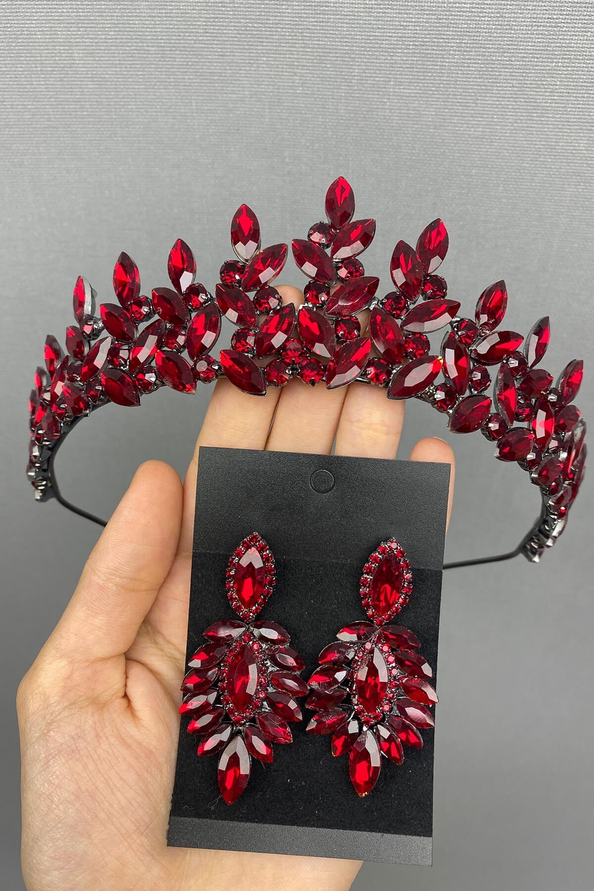 Bordo Subra Model Gelin Kına Tacı ve Küpesi
