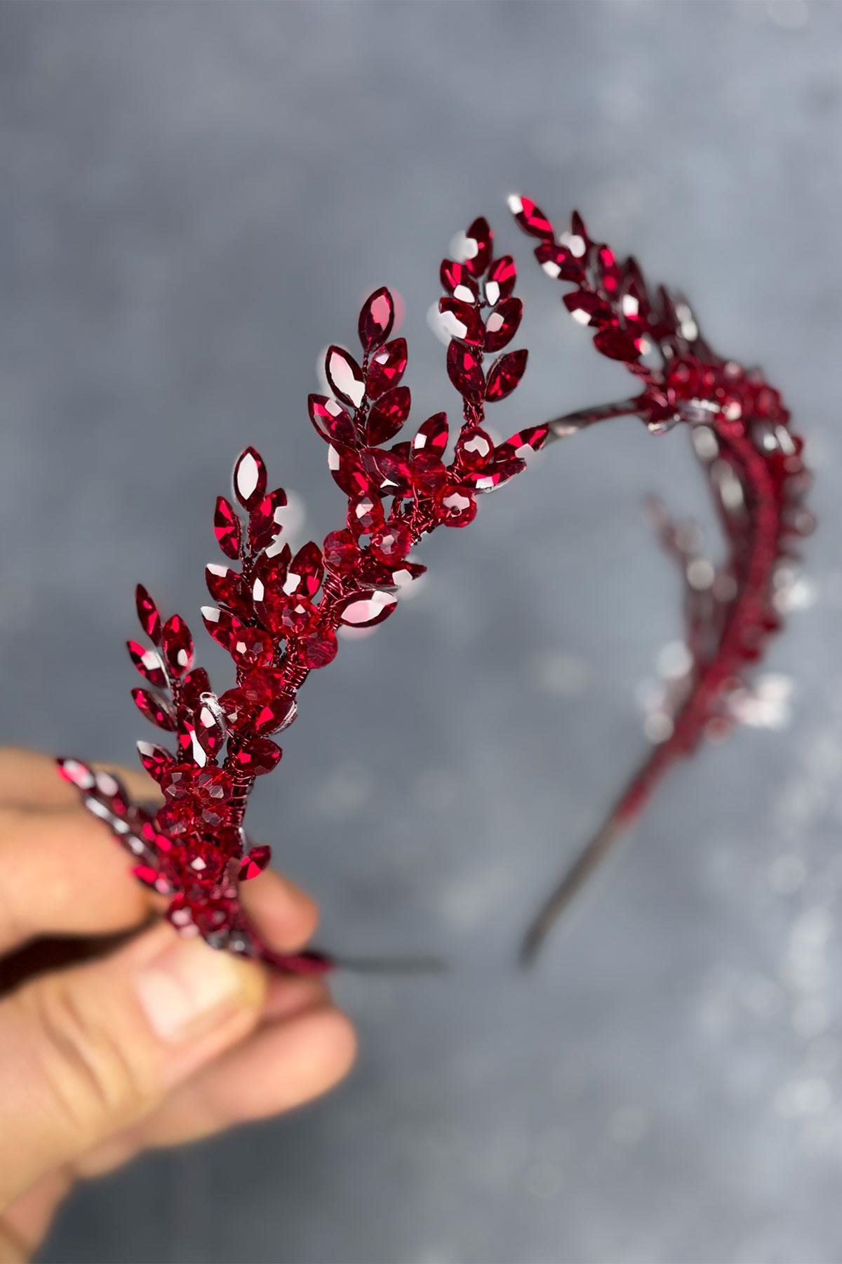 Bordo Venüs Yaprak Tasarım Gelin Kına Tacı Saç Aksesuarı