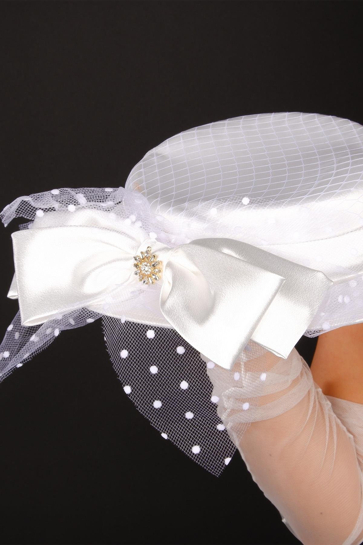 Kırık Beyaz Vualet Nikah Şapkası Lema Taşlı Fiyonklu Gelin Aksesuarı