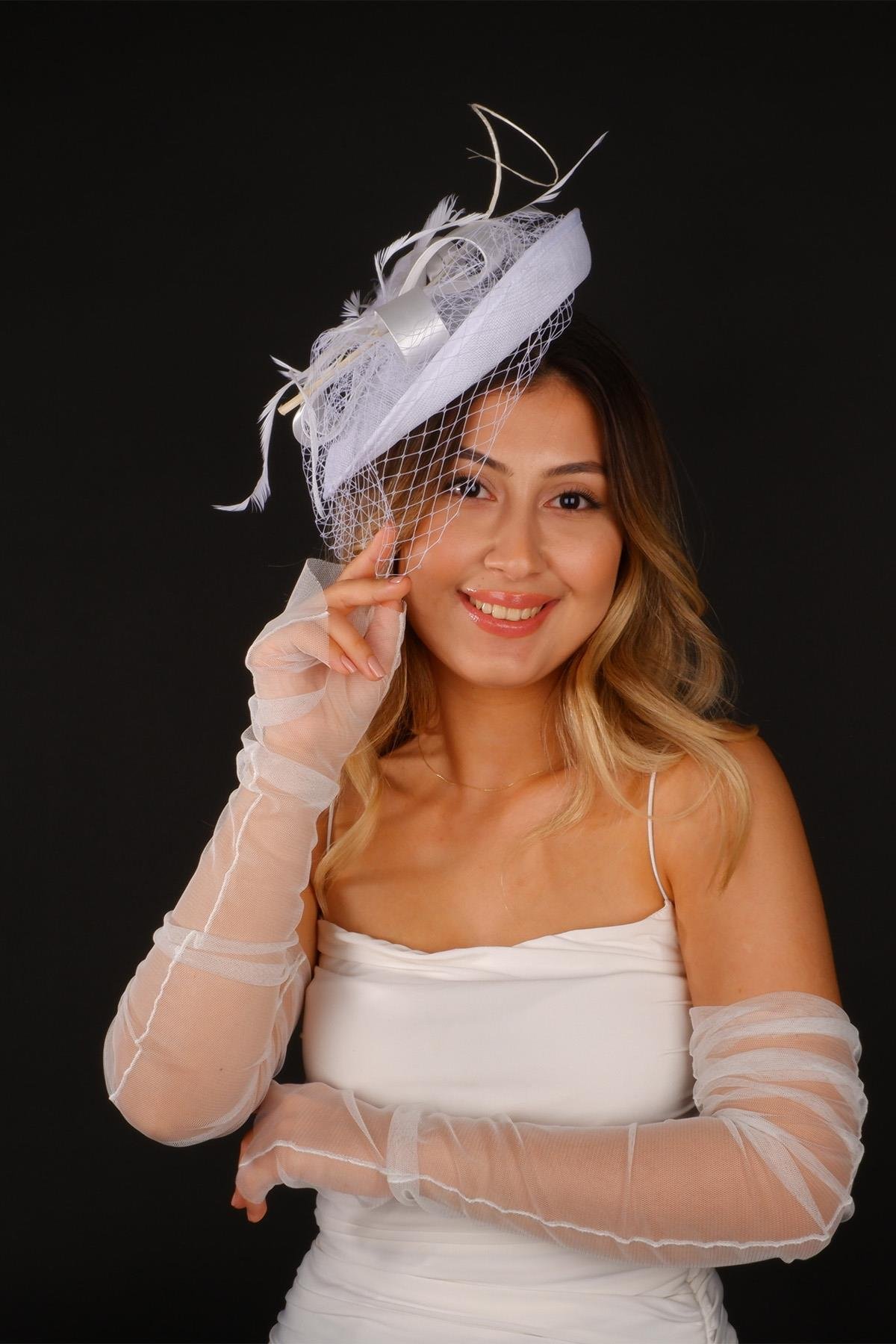Kırık Beyaz Vualet Nikah Şapkası Mila Tüllü Gelin Aksesuarı Ve Eldiveni
