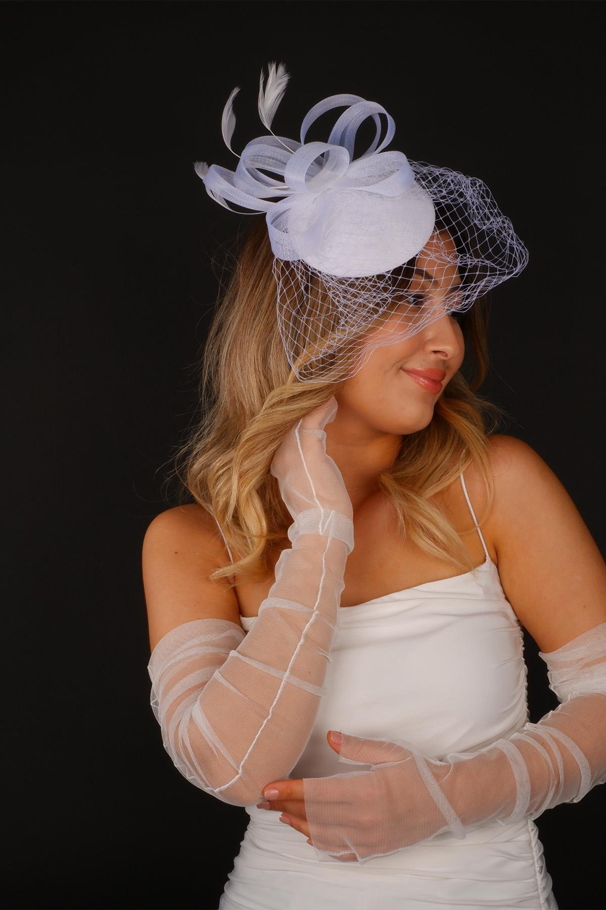 Kırık Beyaz  Vualet Nikah Şapkası Vera Tüllü Gelin Aksesuarı Ve Eldiveni