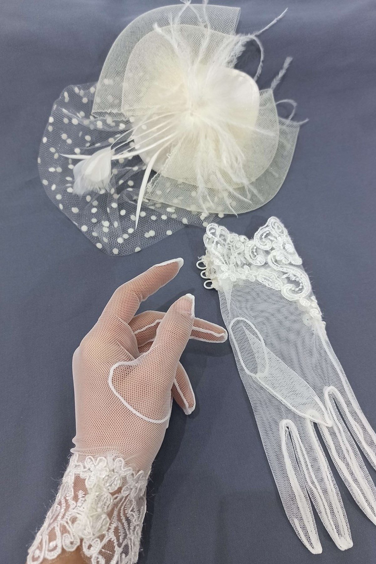 Krem Dantelli Eldiven- Krem Vualet Nikah Şapkası
