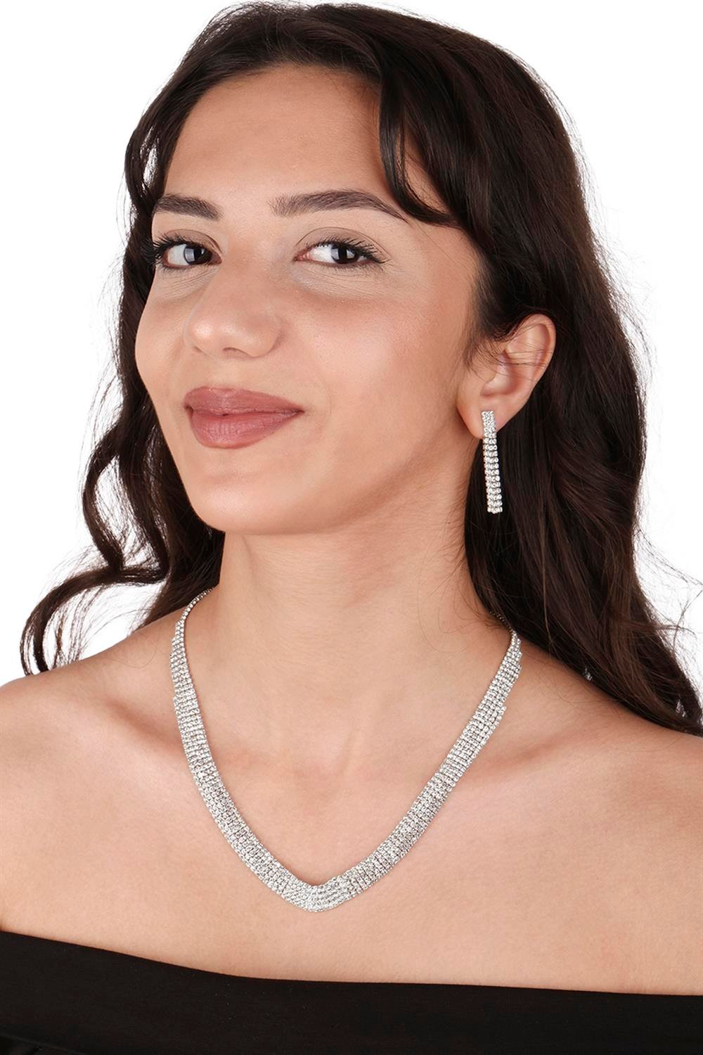 Linda Taşlı Abiye Kolye Küpe Seti Ve Lale Gelin Tacı