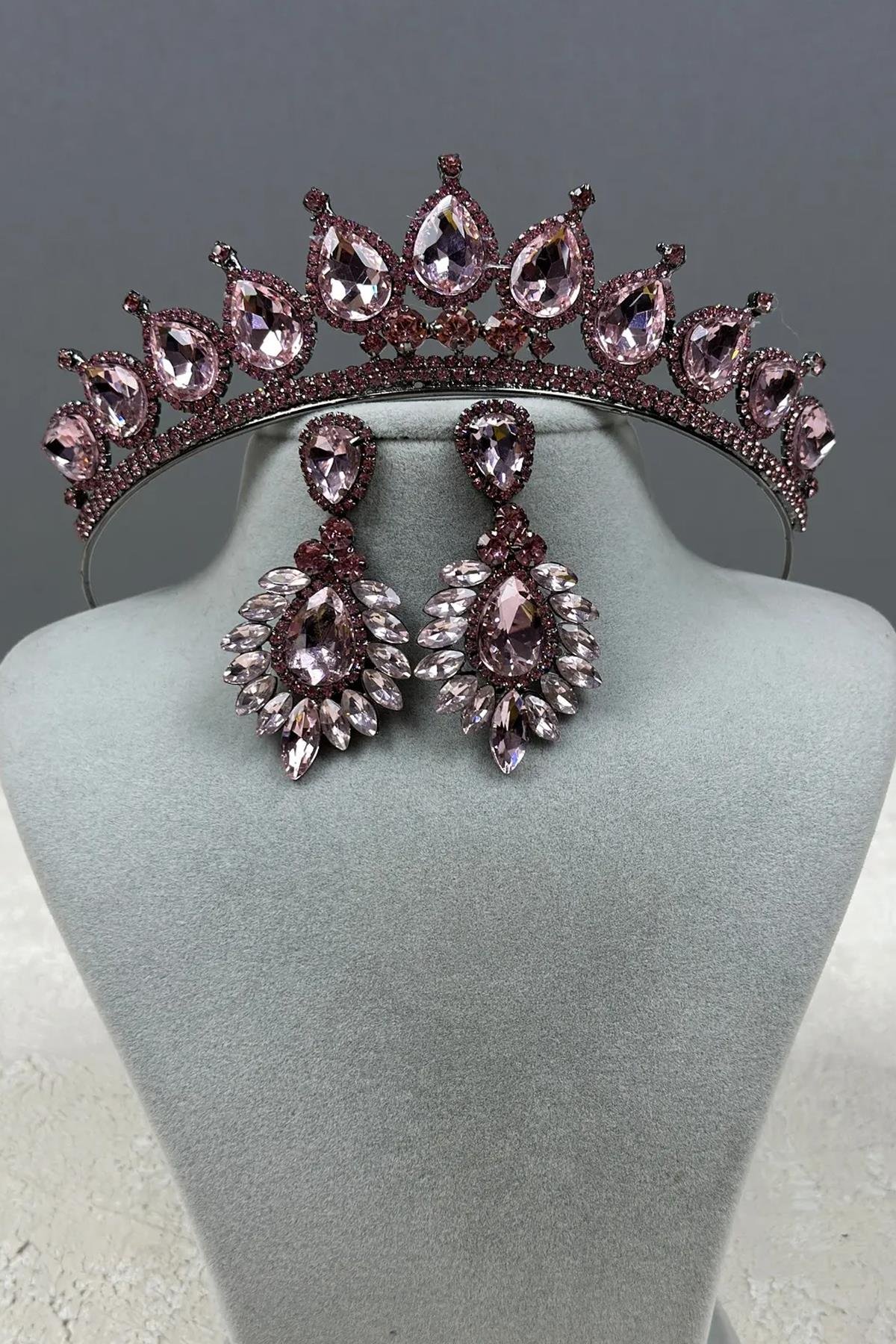 Neri Model Düğün Kına Kostüm Tacı ve Damla Mekik Küpe Seti Pembe