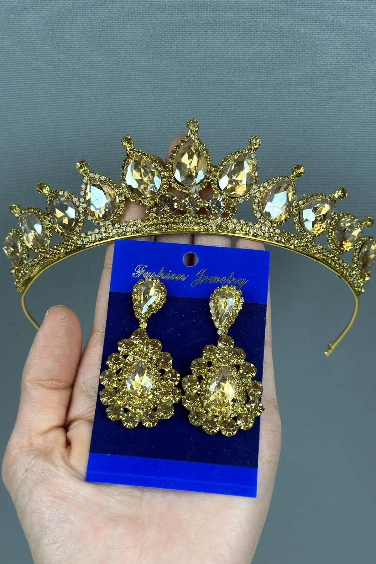 Neri Model Gelin Düğün Kına Tacı ve Mekik Küpe Seti Gold