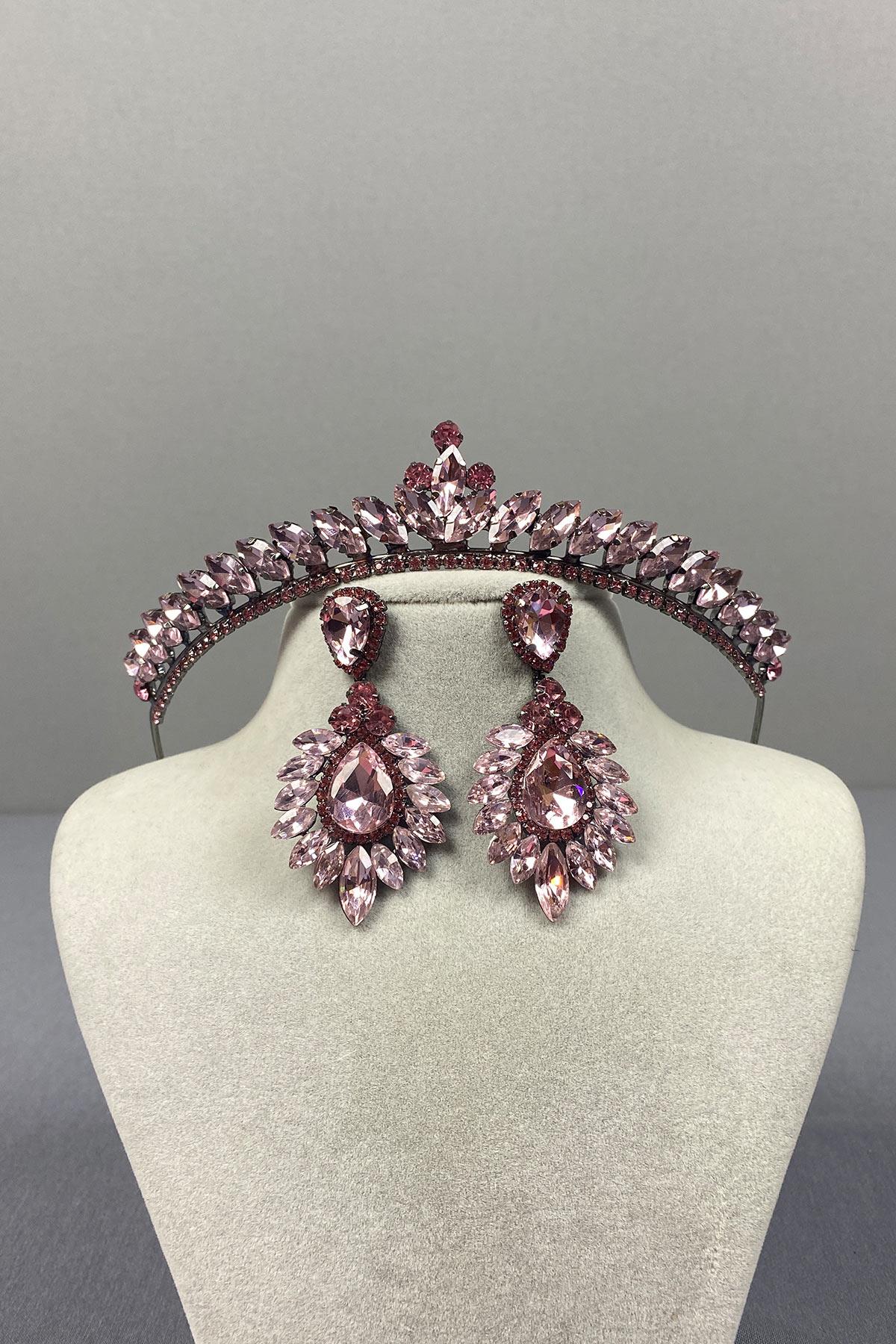 Pembe Ece Gelin Kına Tacı Ve Damla Mekik Taşlı Küpe Seti