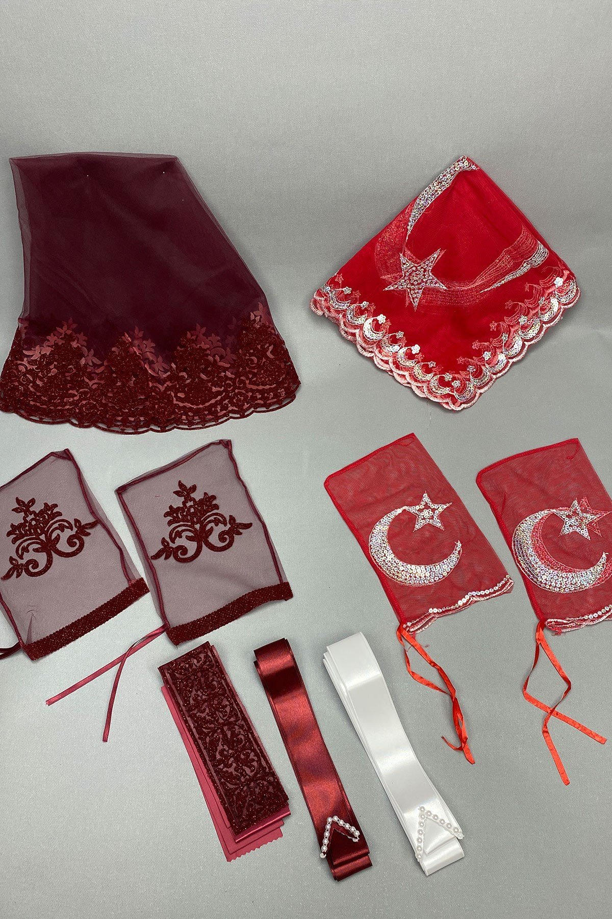 Simli Gelin Duvağı ve Ay Yıldızlı Damat Örtüsü Takı Kurdele Seti