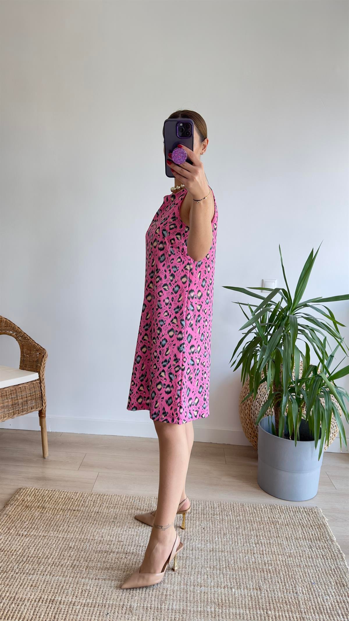 Rovena Leopar Desenli Pembe Elbise 