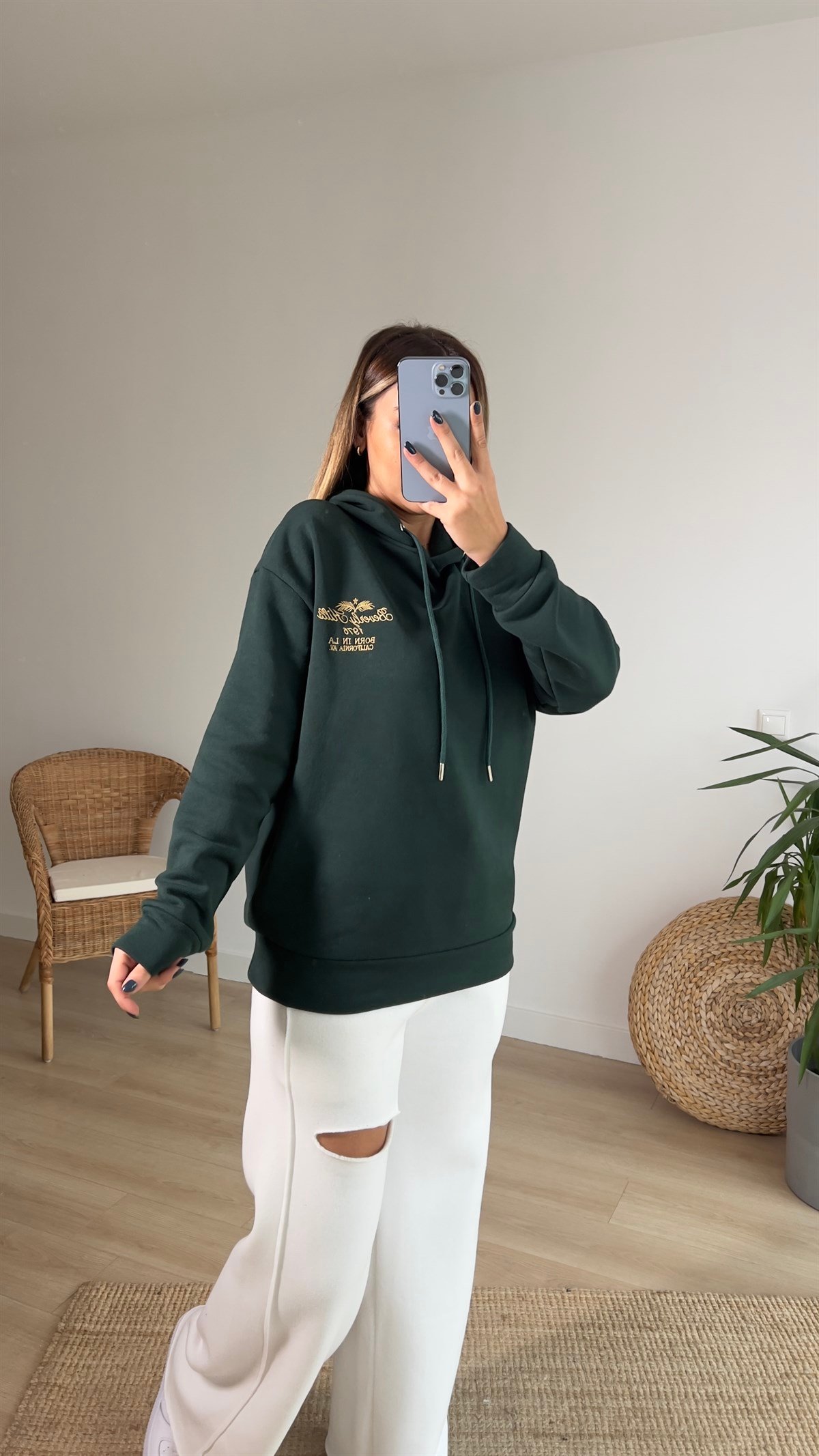Yeşil Orijinal Marka Nakış Detaylı Sweatshirt
