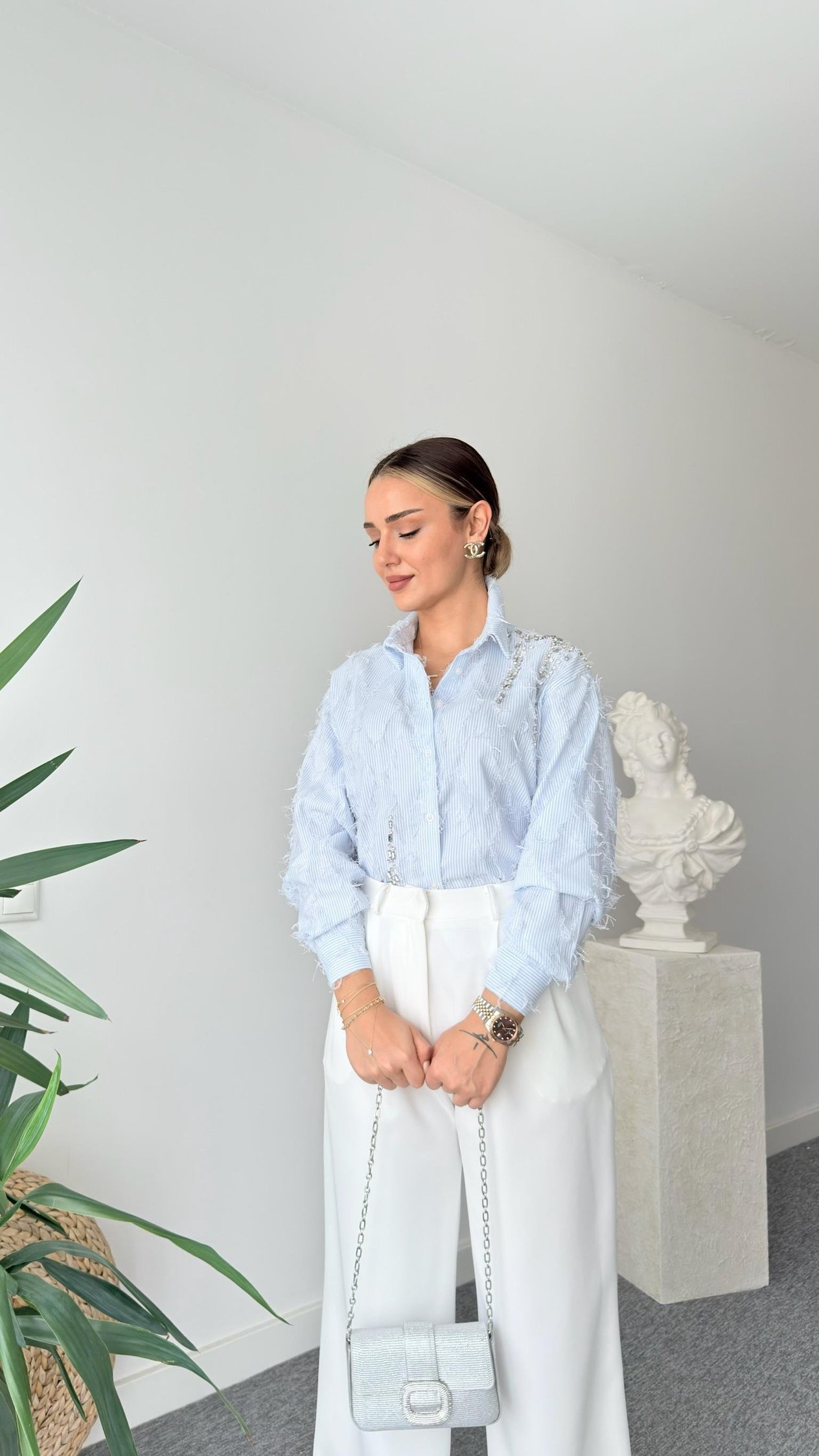 Fringed Taş İşlemeli Çizgili Tasarım Gömlek