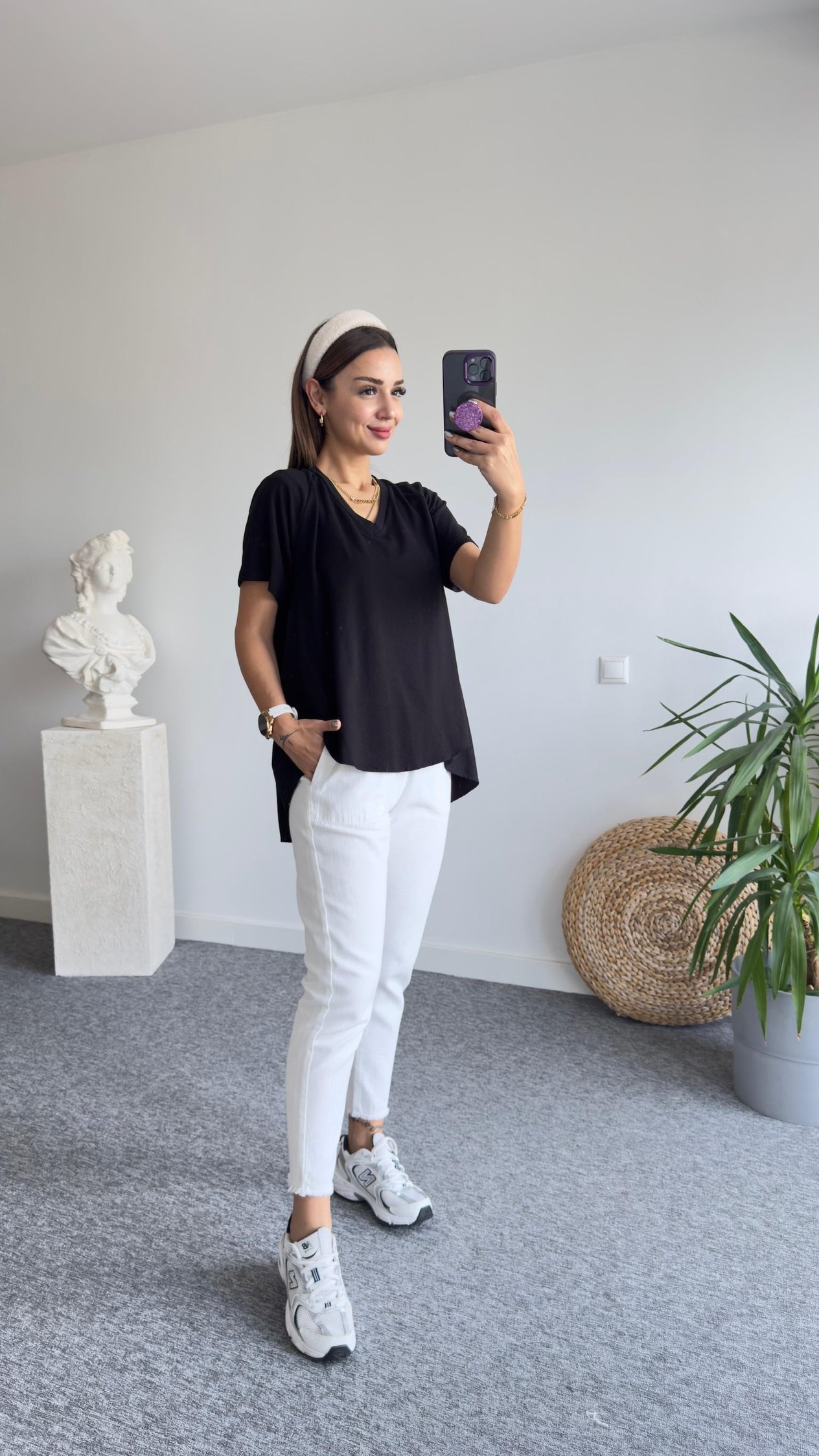 V Yaka Arkası Poplin Siyah Tshirt