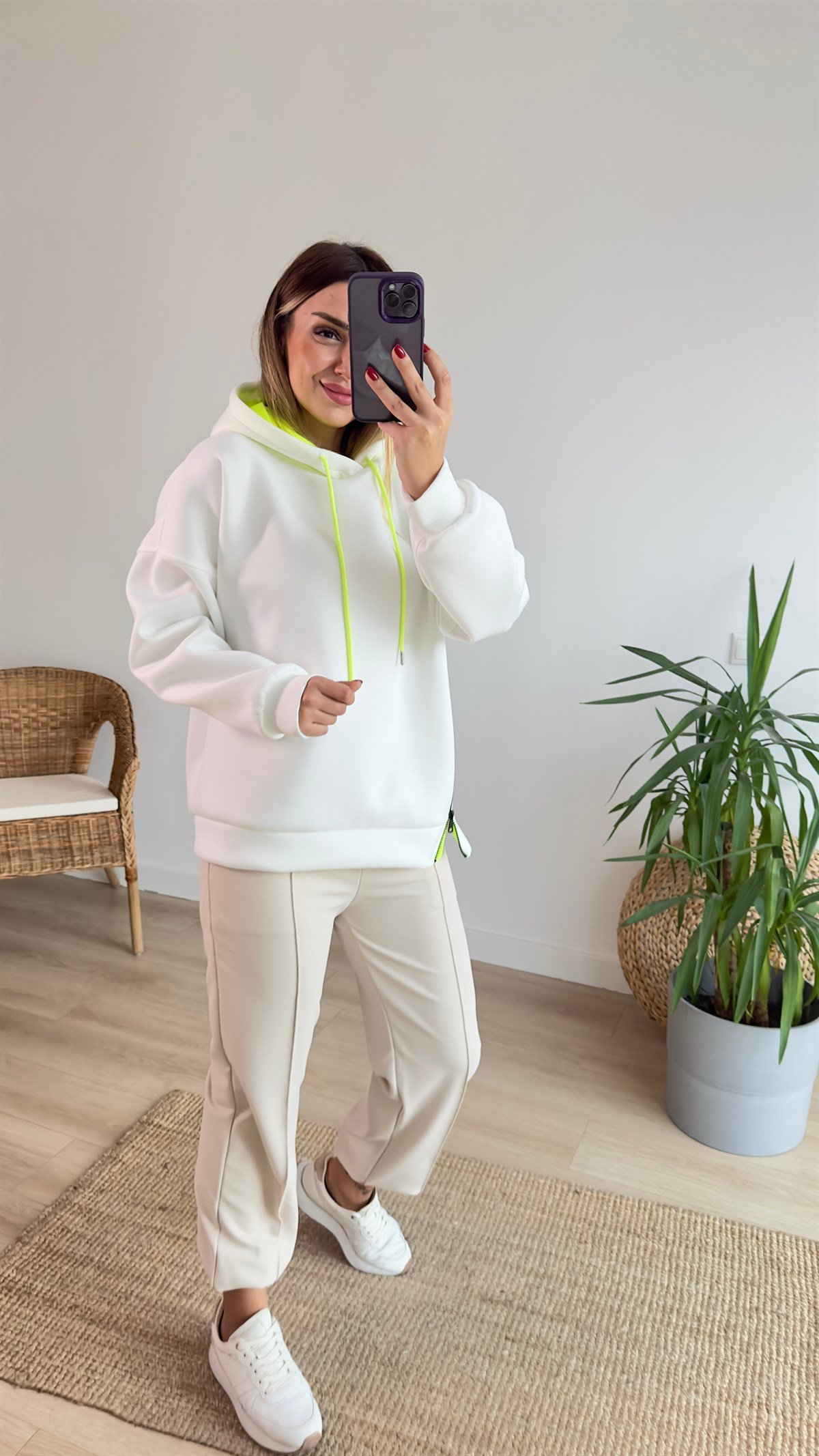 Yanı Fermuarlı Tasarım Beyaz Scuba Sweat