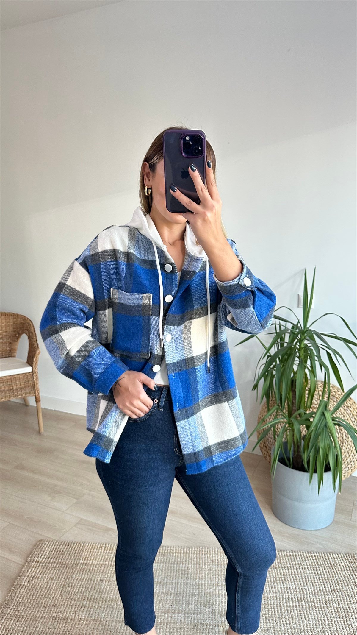 Mavi Ekose Detay Kapüşonlu Sweatshirt
