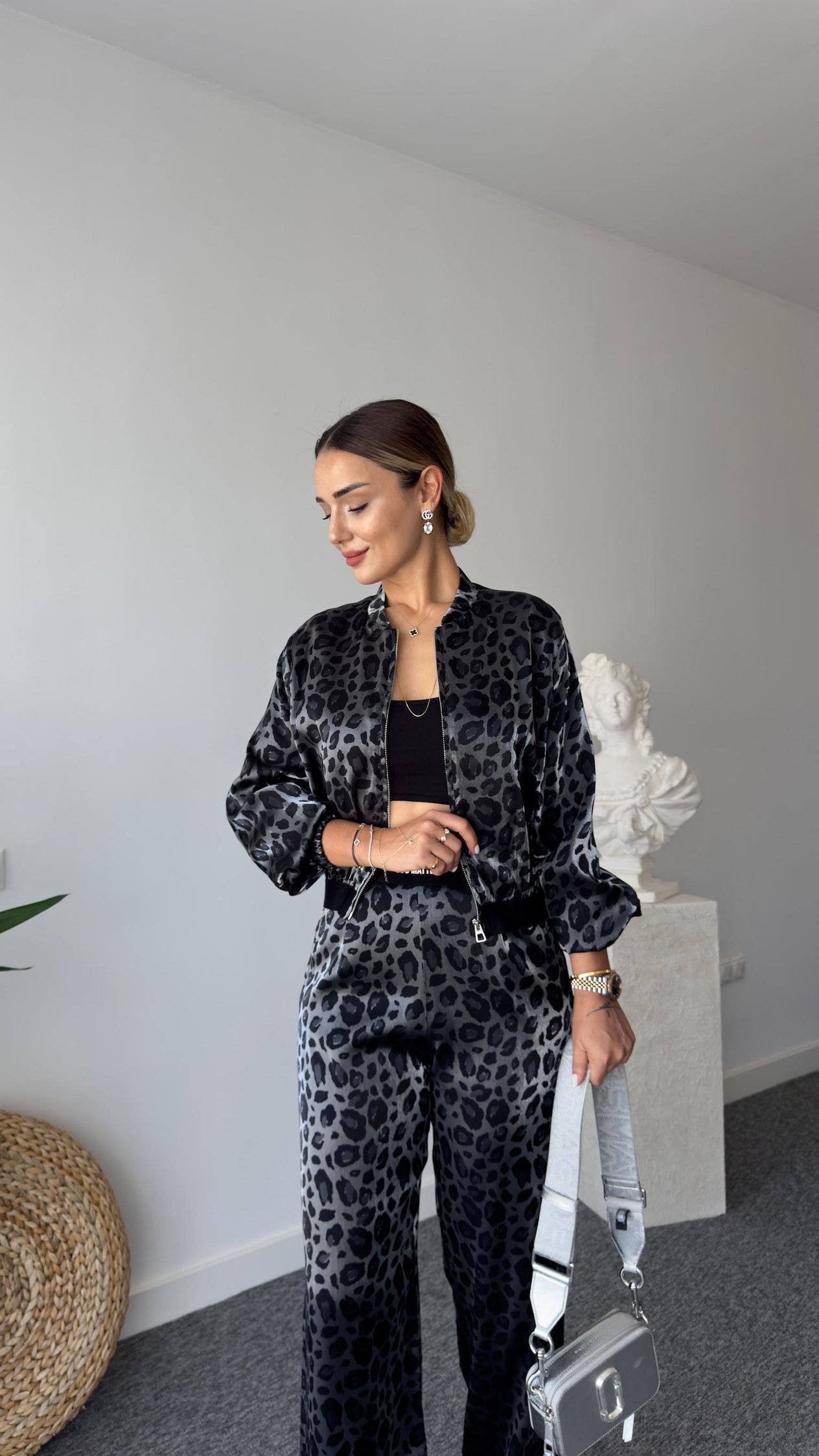 Gri Leopar Desenli Bomber Ceket
