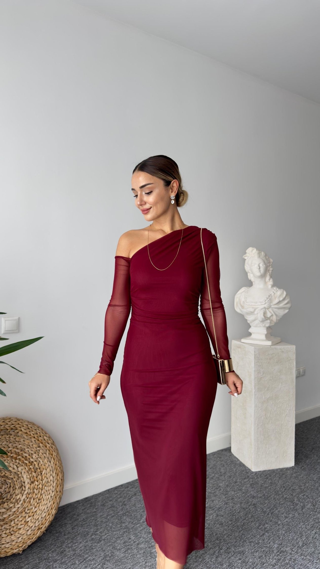 Lopez Astarlı Bordo Tül Elbise 