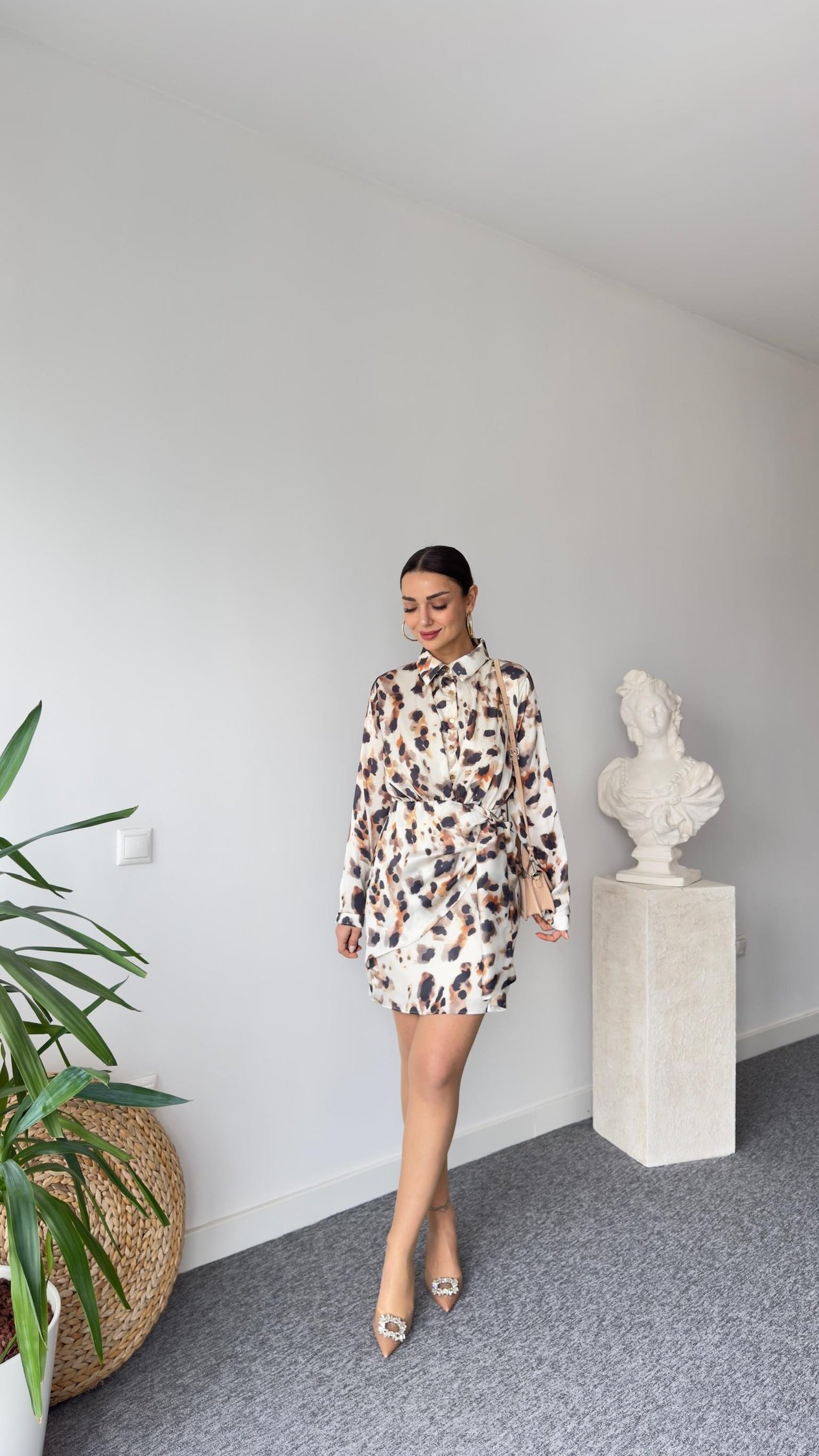 Saten Astarlı Leopar Desen Elbise 