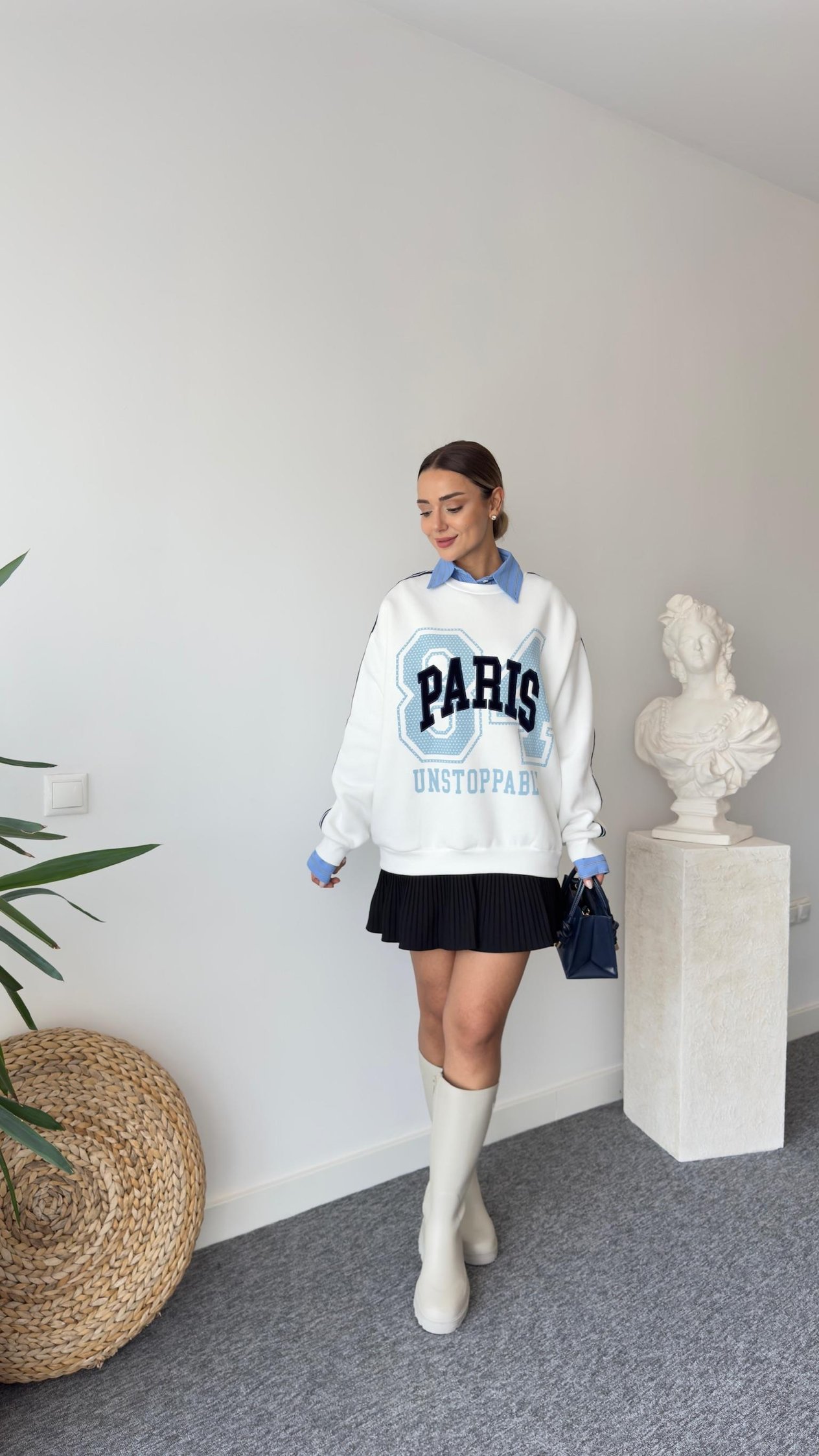 Gömlek Yaka Paris Yazılı Sweatshirt