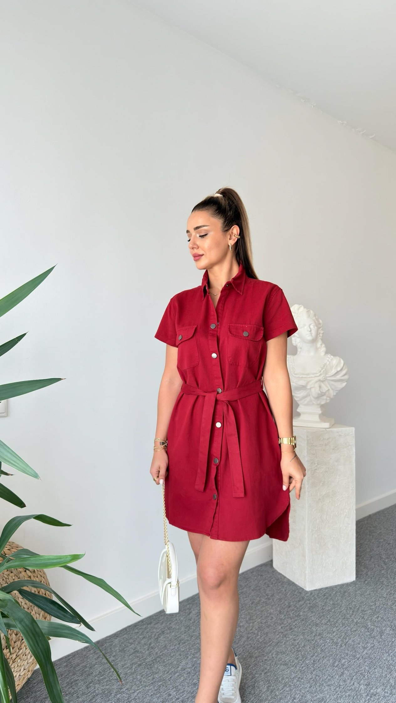 Bordo Heren Kuşaklı Gabardin Elbise 