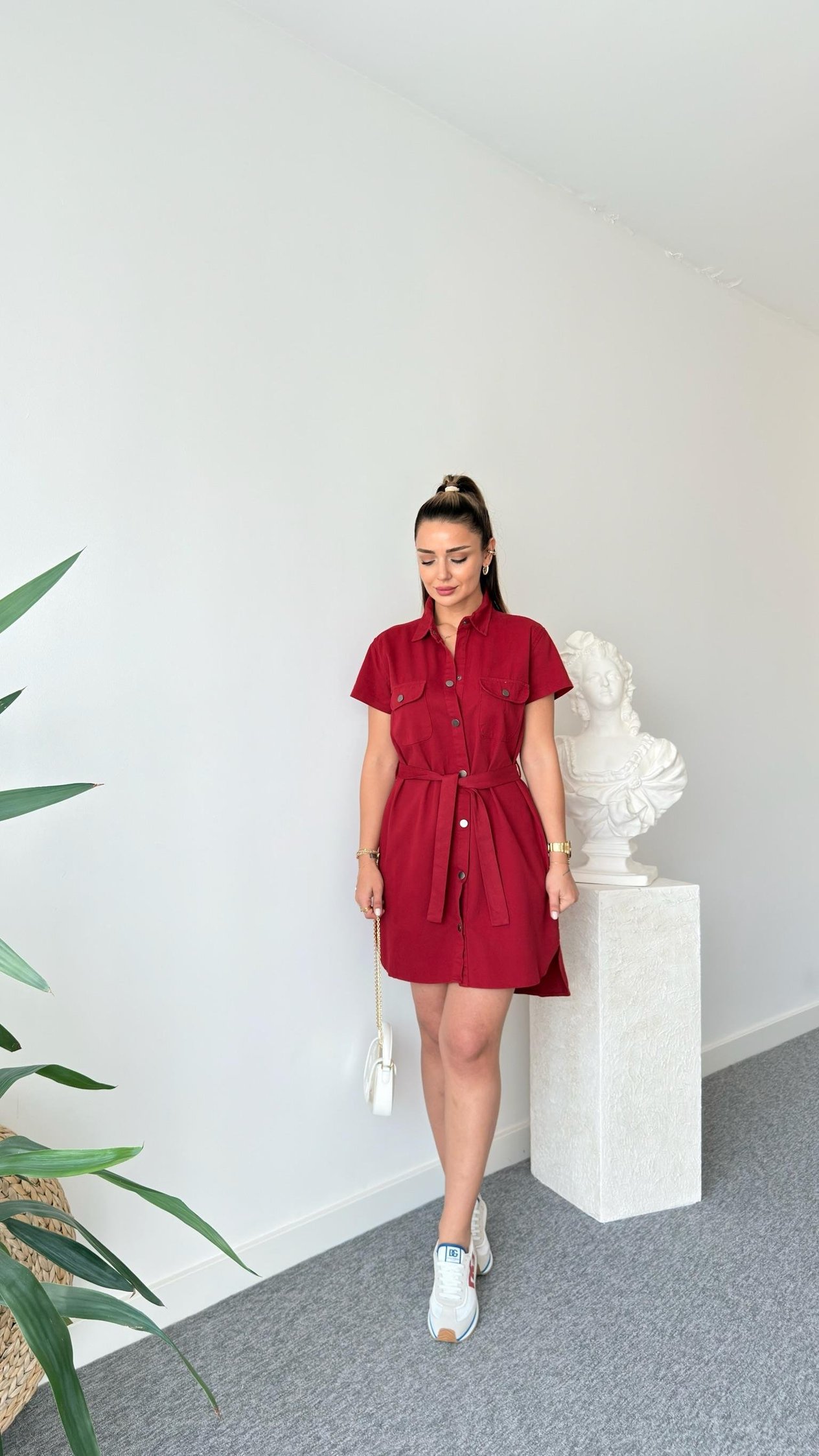 Bordo Heren Kuşaklı Gabardin Elbise 