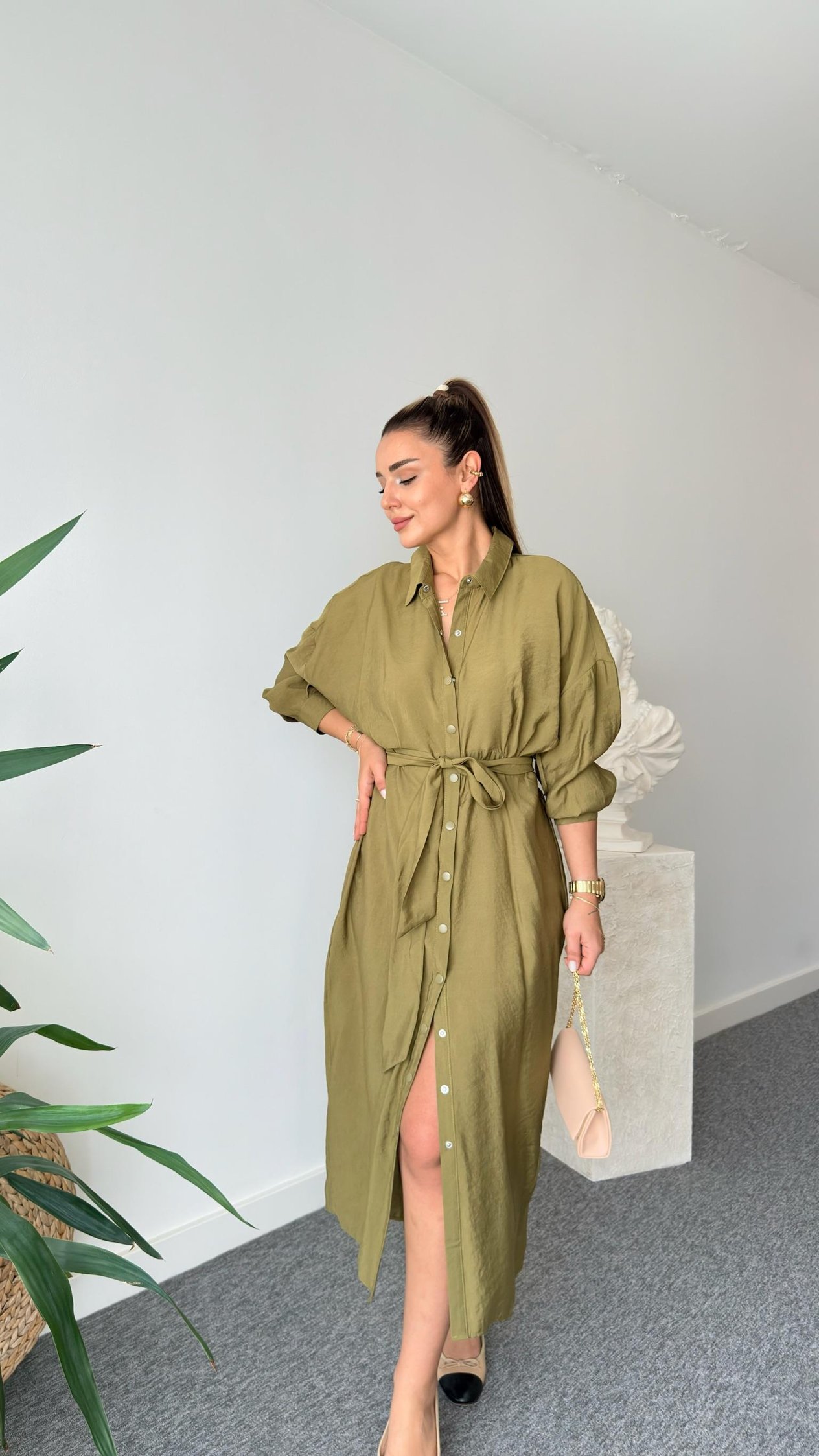 Olive Serna Orj Marka Çıtçıt Düğmeli Tensel Elbise 