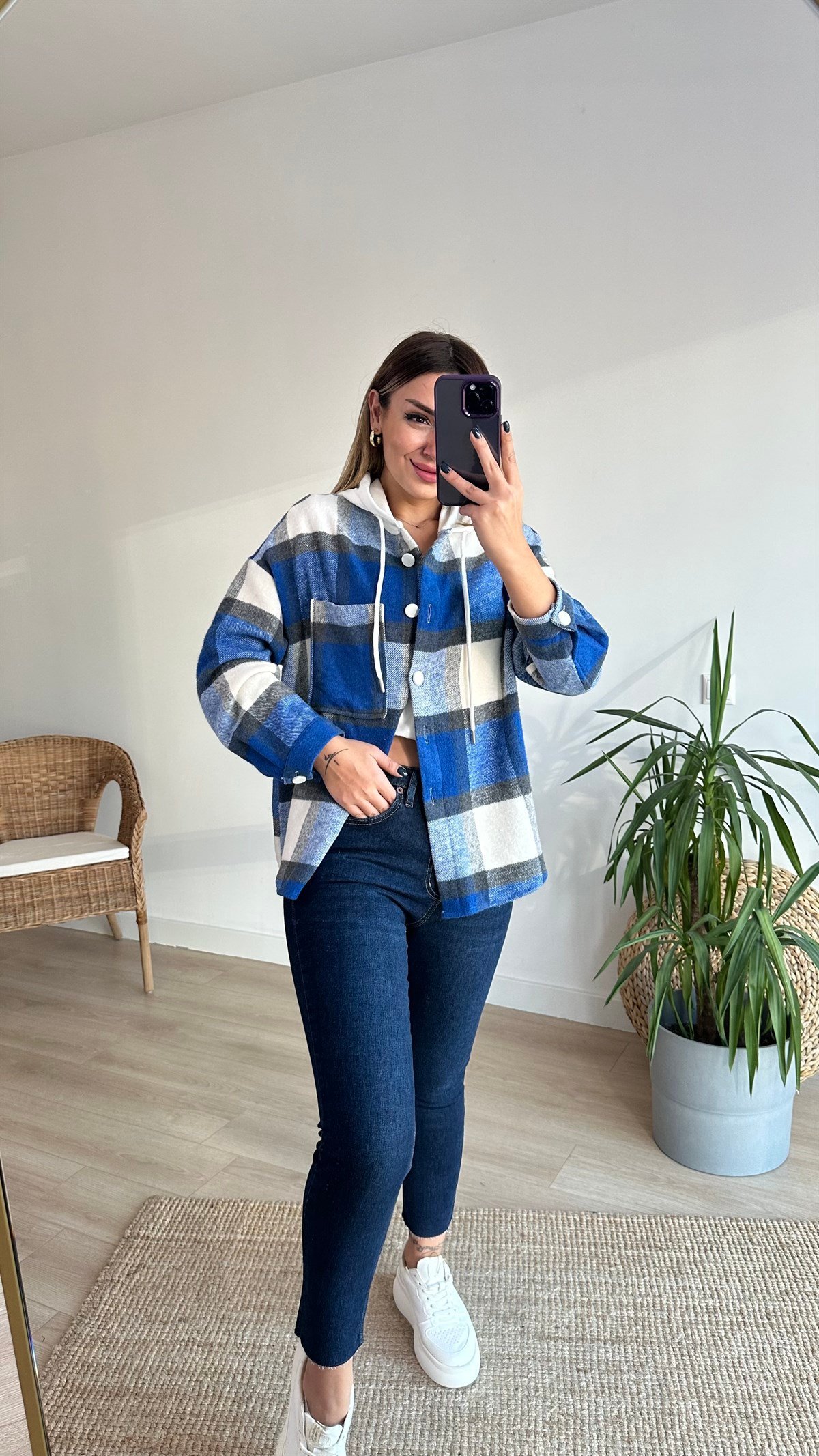 Mavi Ekose Detay Kapüşonlu Sweatshirt