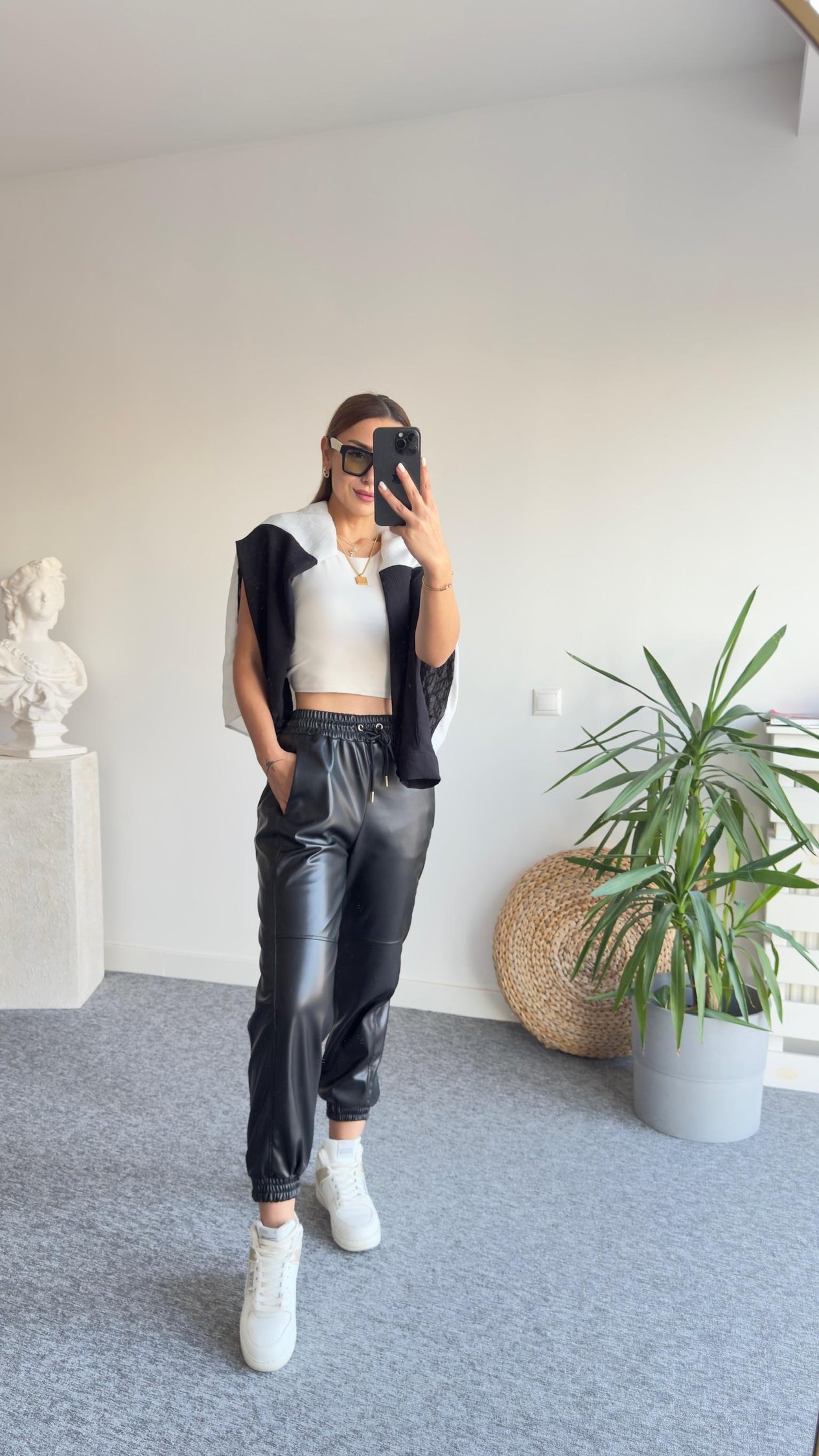 Bel Lastikli Tw Model Siyah Deri Pantolon
