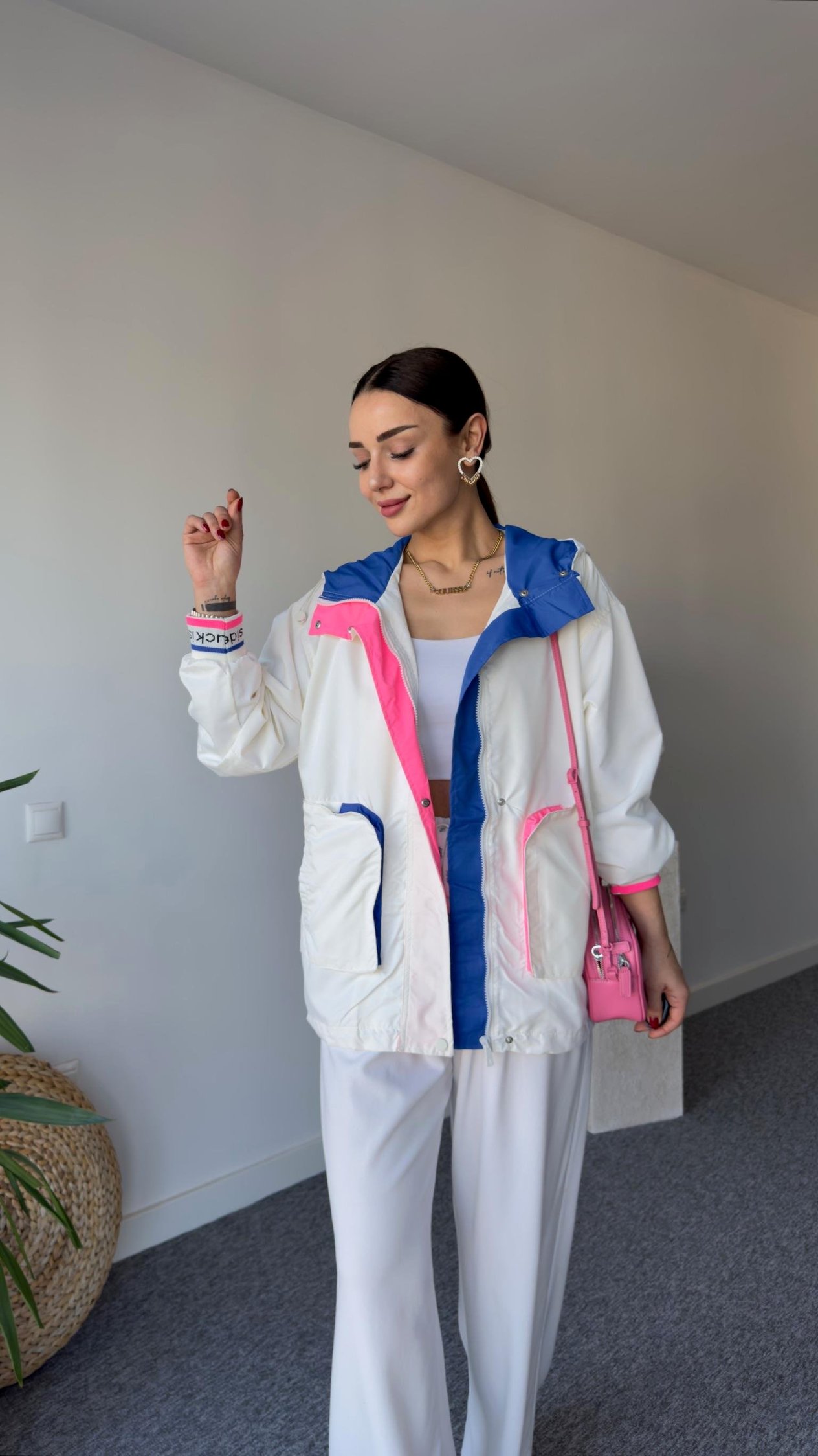Neon Blok Beyaz Yağmurluk