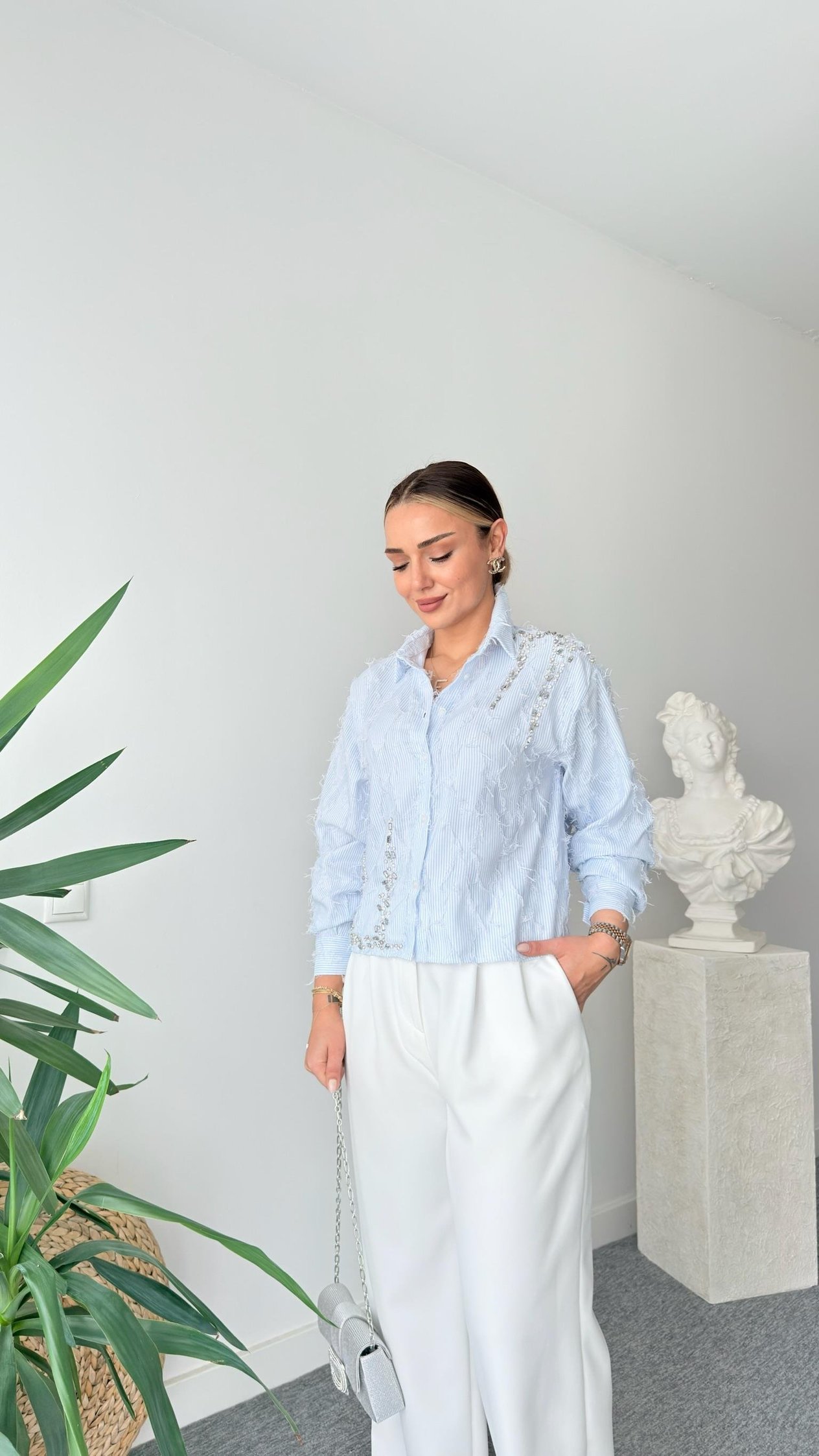 Fringed Taş İşlemeli Çizgili Tasarım Gömlek