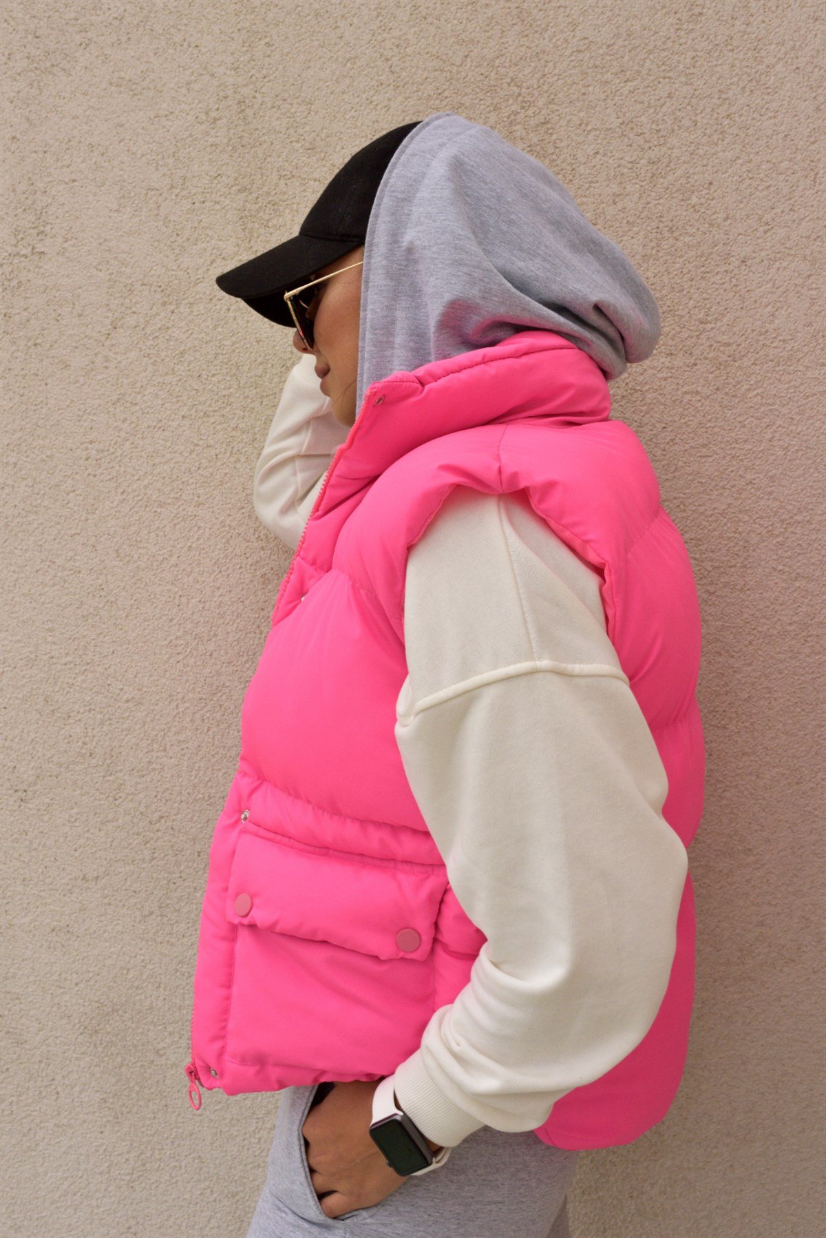 Penye Detaylı Pembe Şişme Yelek