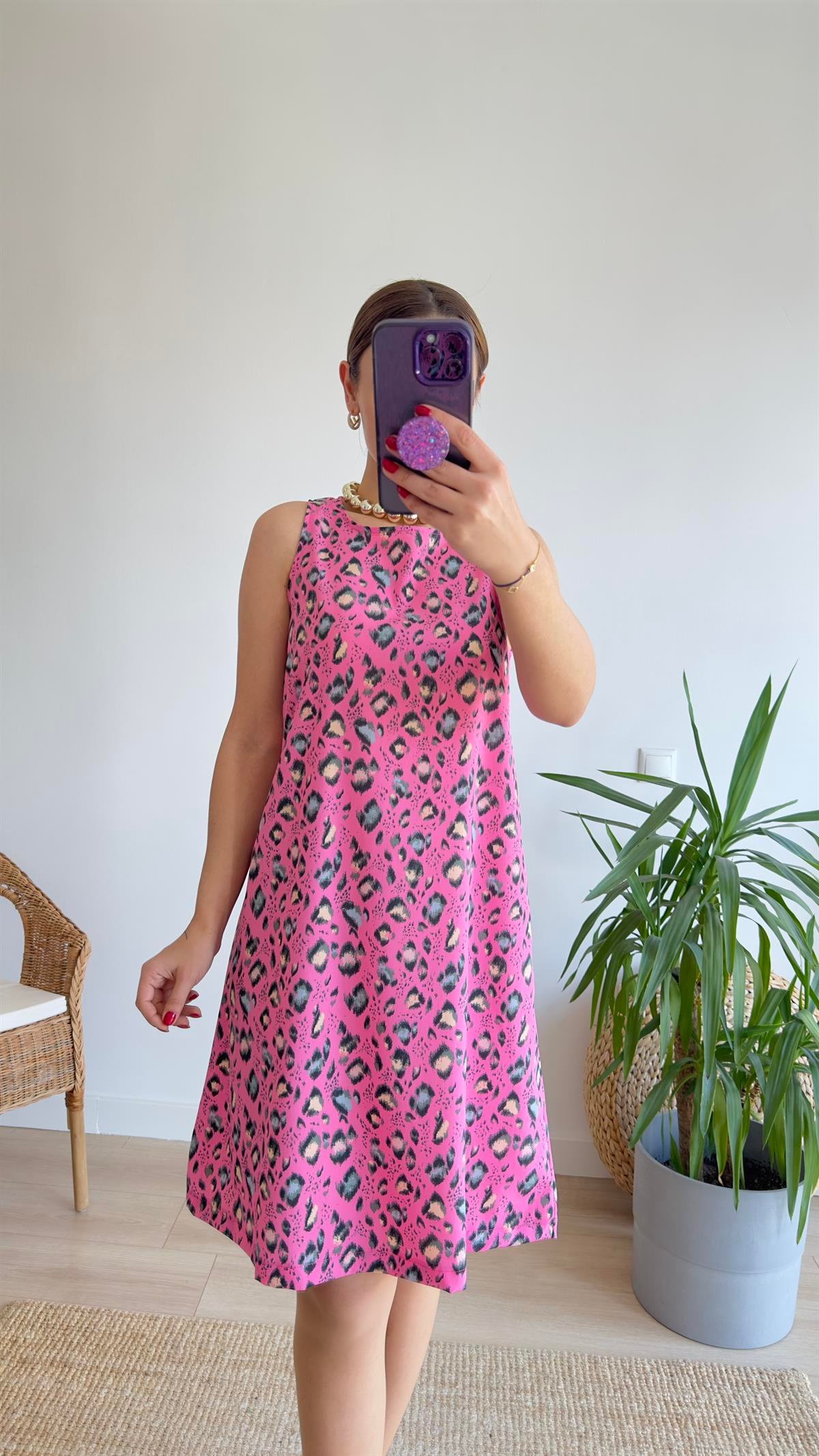 Rovena Leopar Desenli Pembe Elbise 