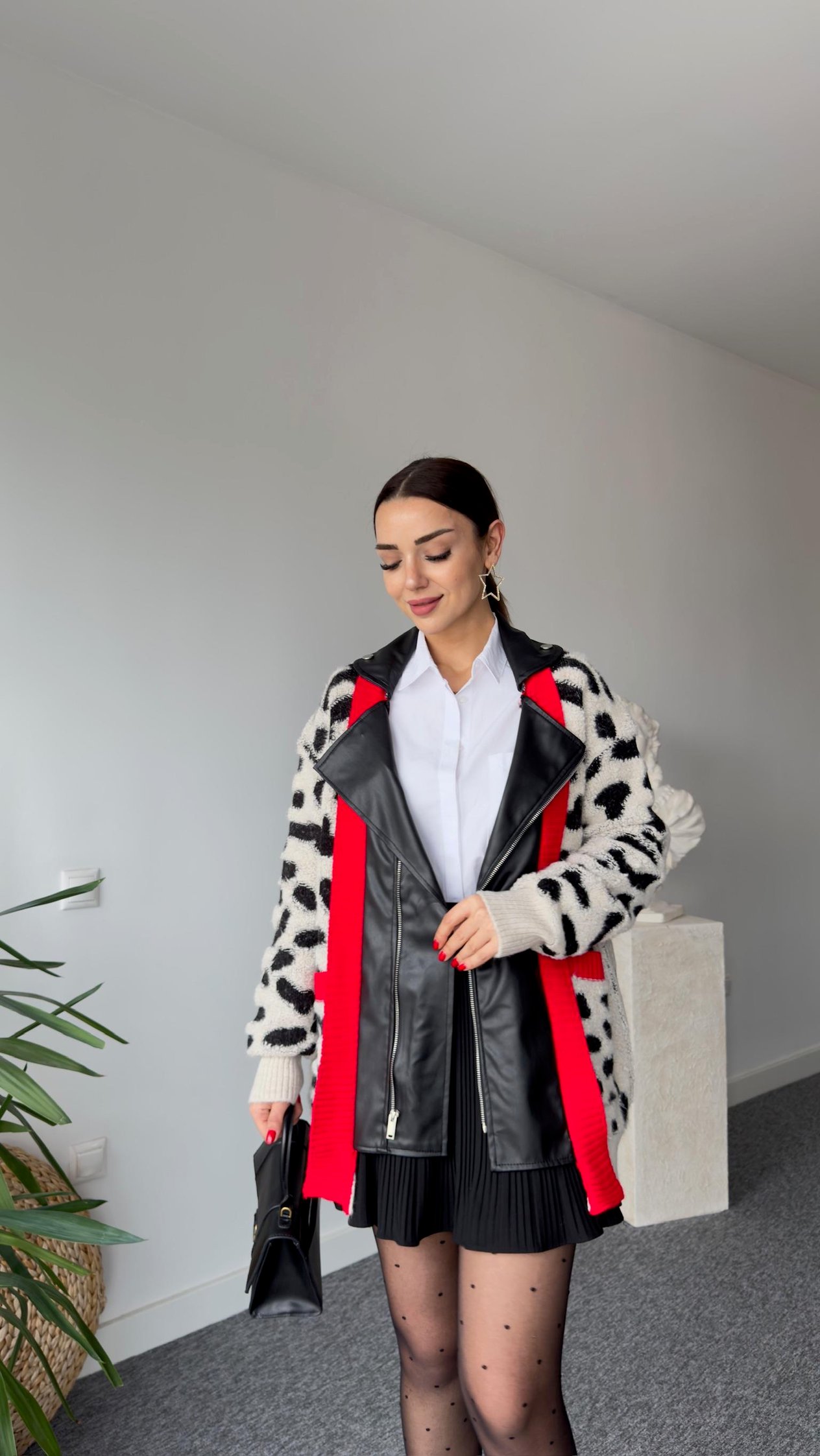 Deri Detaylı Tasarım Leopar Desen Hırka